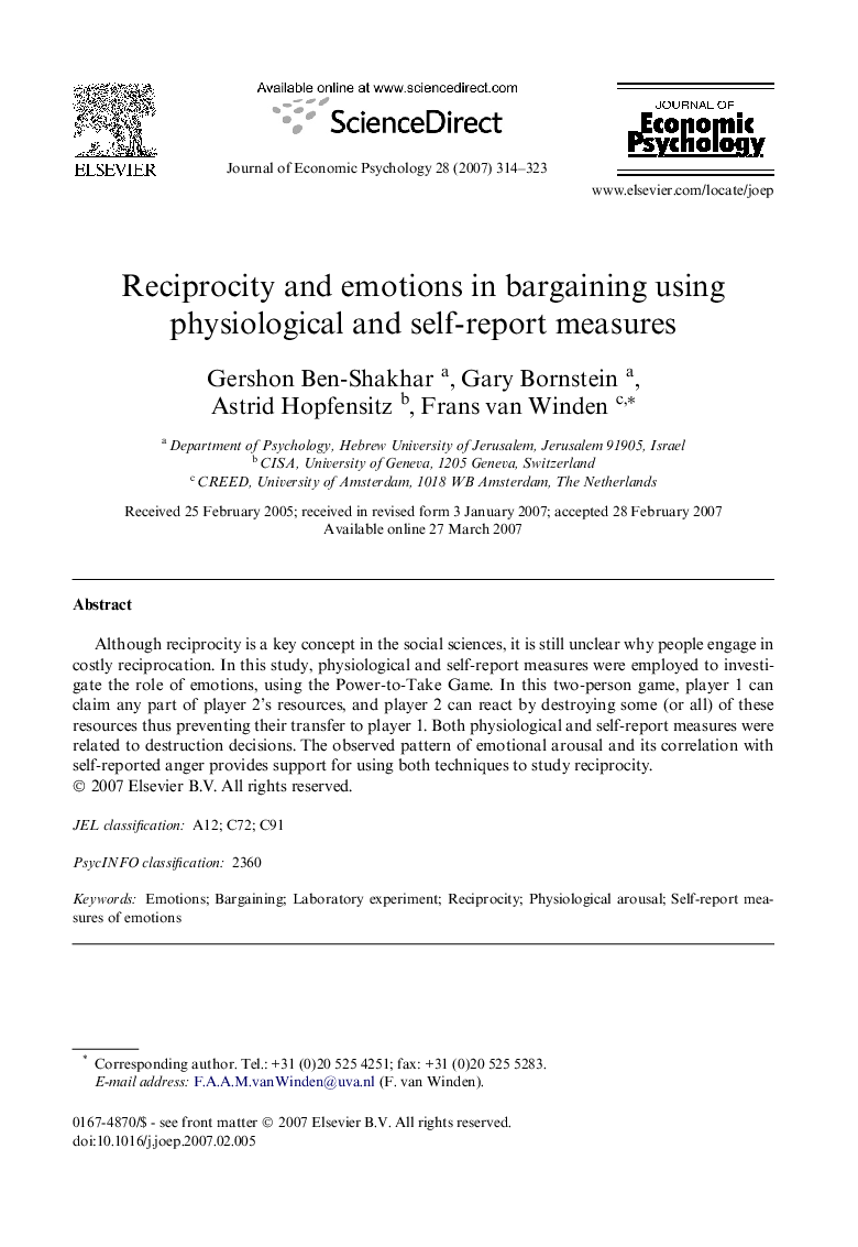 Reciprocity and emotions in bargaining using physiological and self-report measures