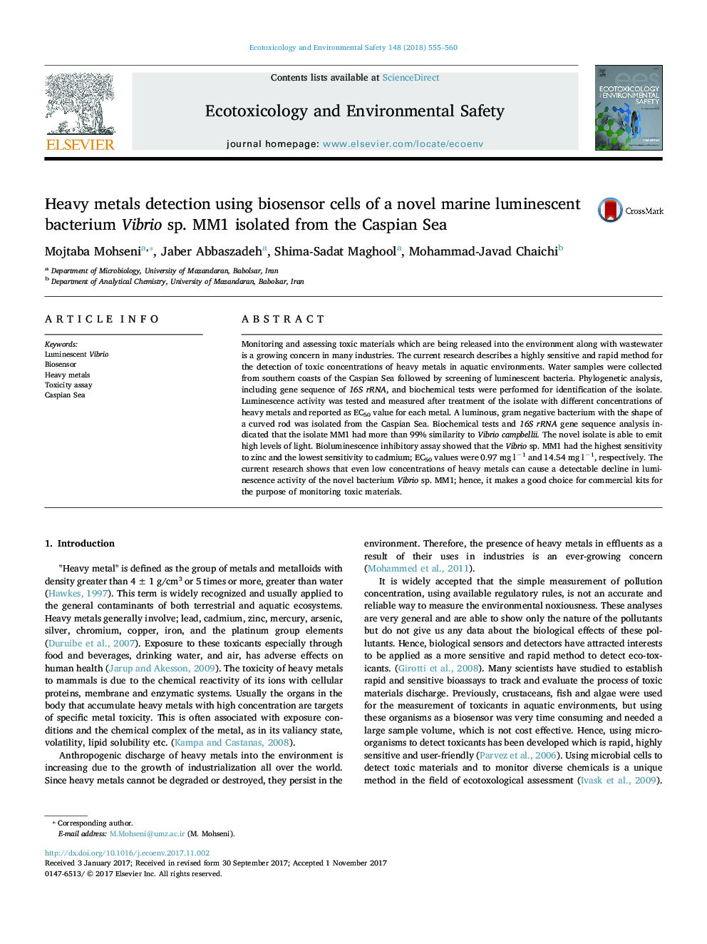 Heavy metals detection using biosensor cells of a novel marine luminescent bacterium Vibrio sp. MM1 isolated from the Caspian Sea