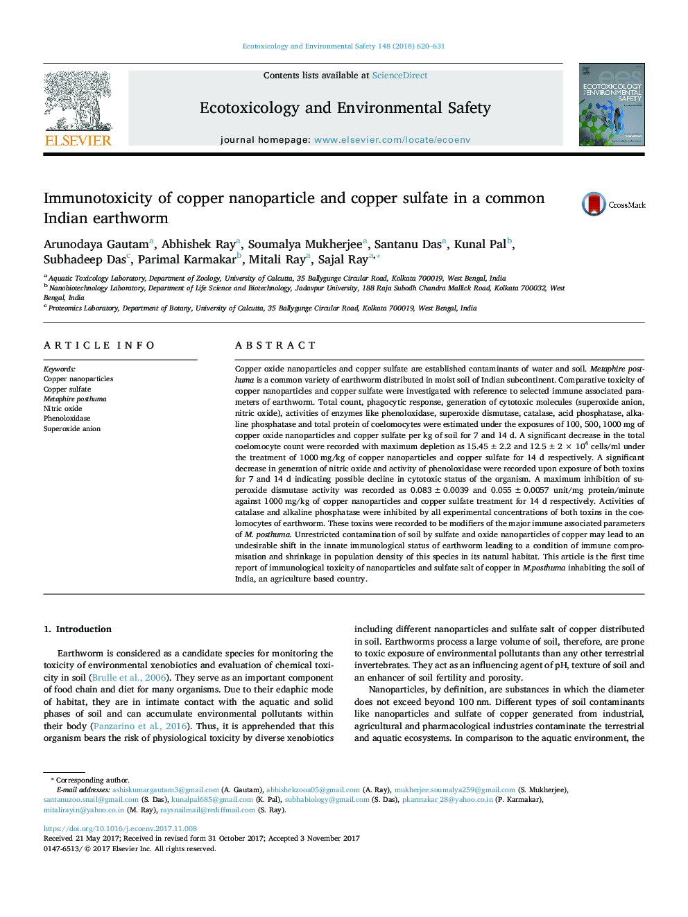 Immunotoxicity of copper nanoparticle and copper sulfate in a common Indian earthworm