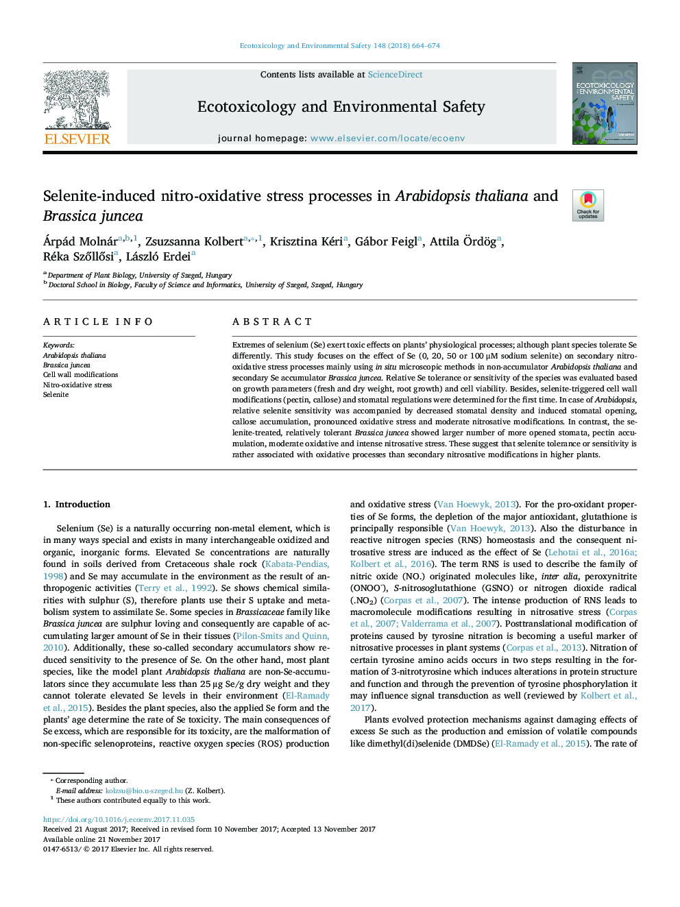 Selenite-induced nitro-oxidative stress processes in Arabidopsis thaliana and Brassica juncea