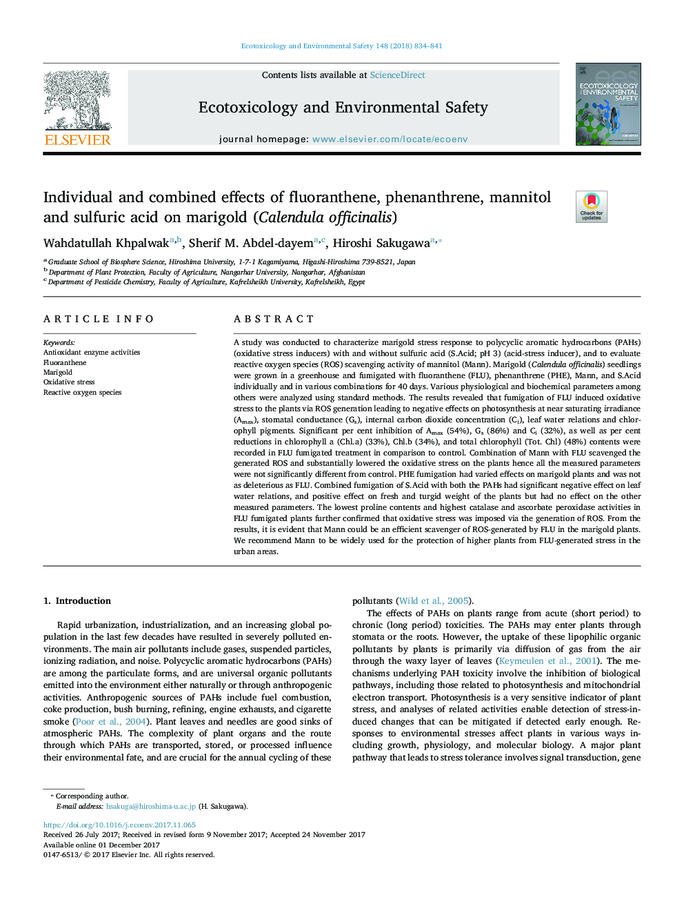 Individual and combined effects of fluoranthene, phenanthrene, mannitol and sulfuric acid on marigold (Calendula officinalis)