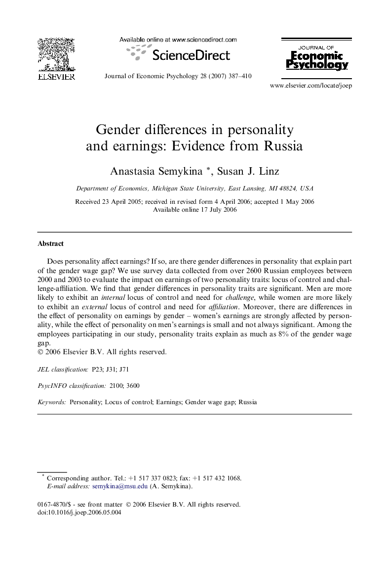 Gender differences in personality and earnings: Evidence from Russia