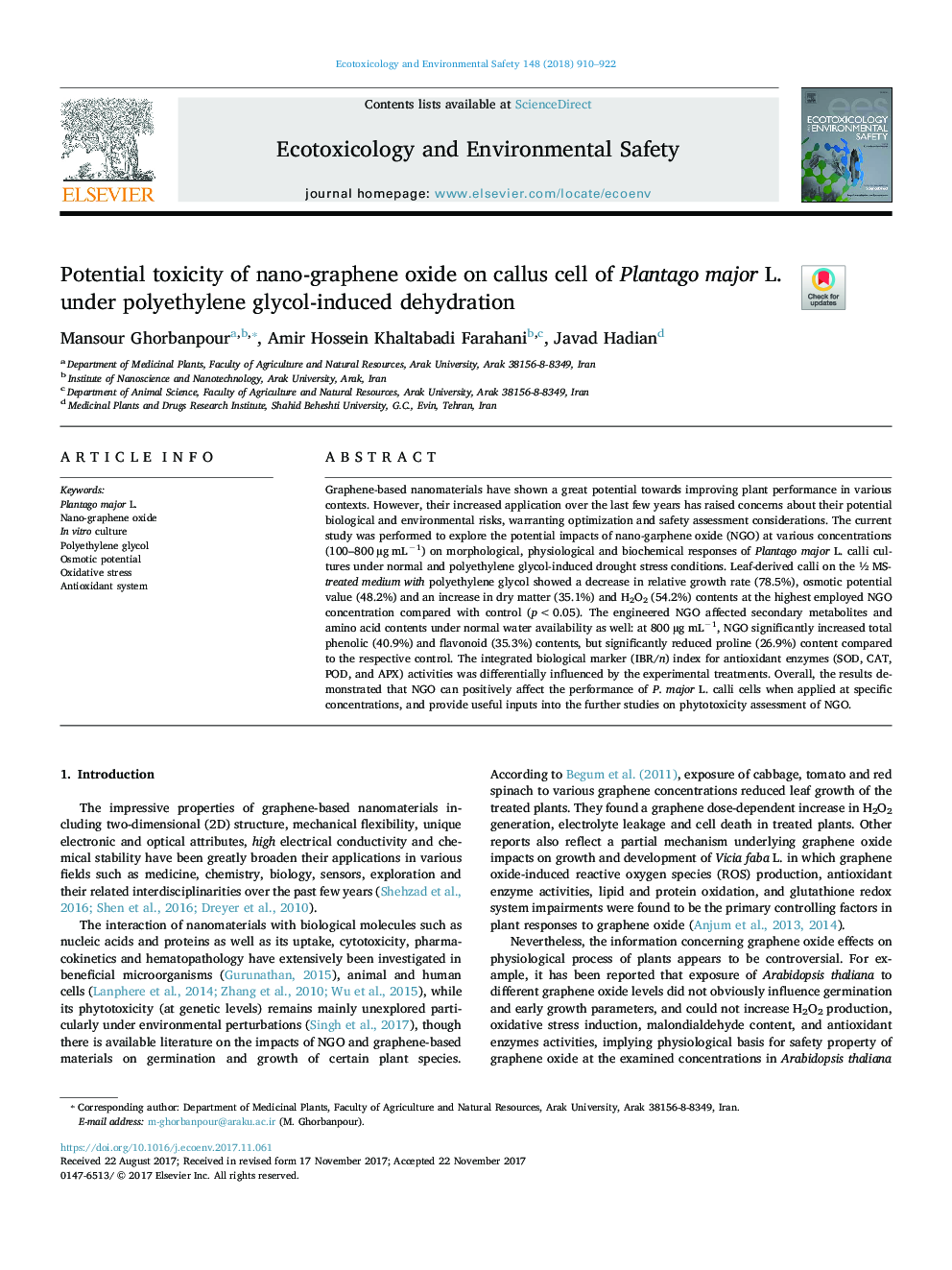 Potential toxicity of nano-graphene oxide on callus cell of Plantago major L. under polyethylene glycol-induced dehydration