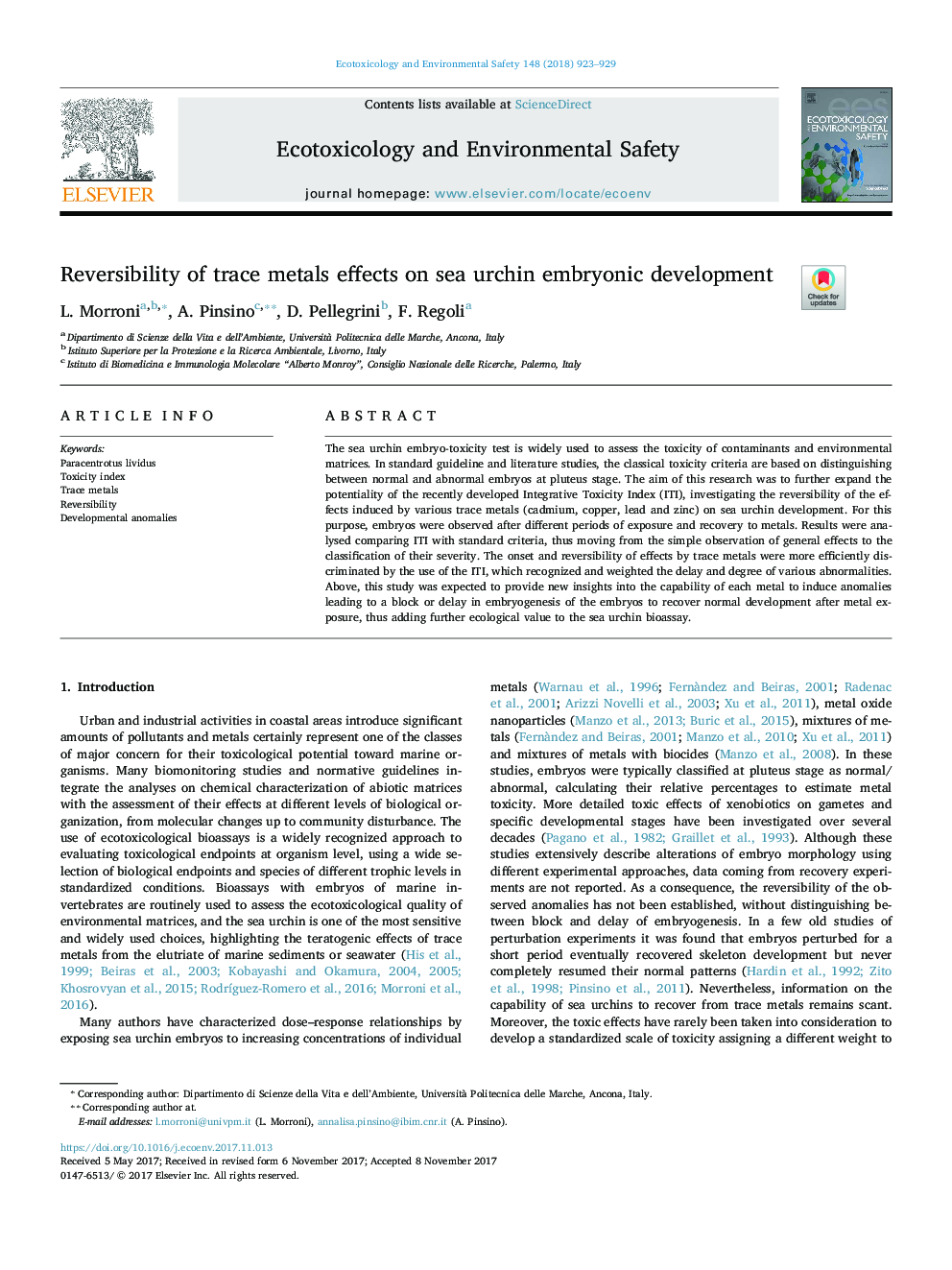 Reversibility of trace metals effects on sea urchin embryonic development