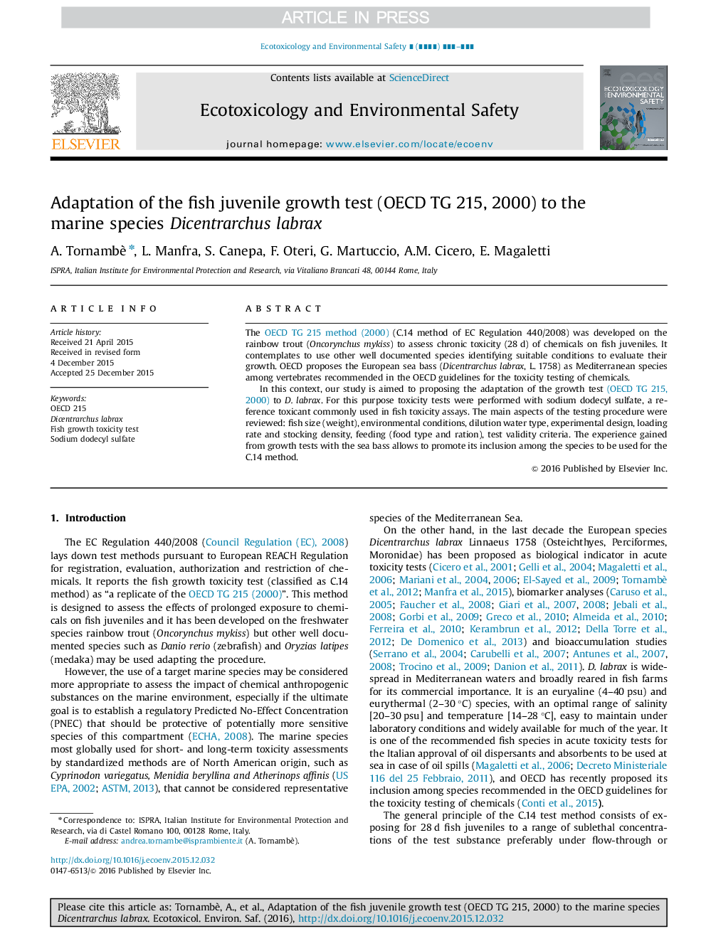 Adaptation of the fish juvenile growth test (OECD TG 215, 2000) to the marine species Dicentrarchus labrax