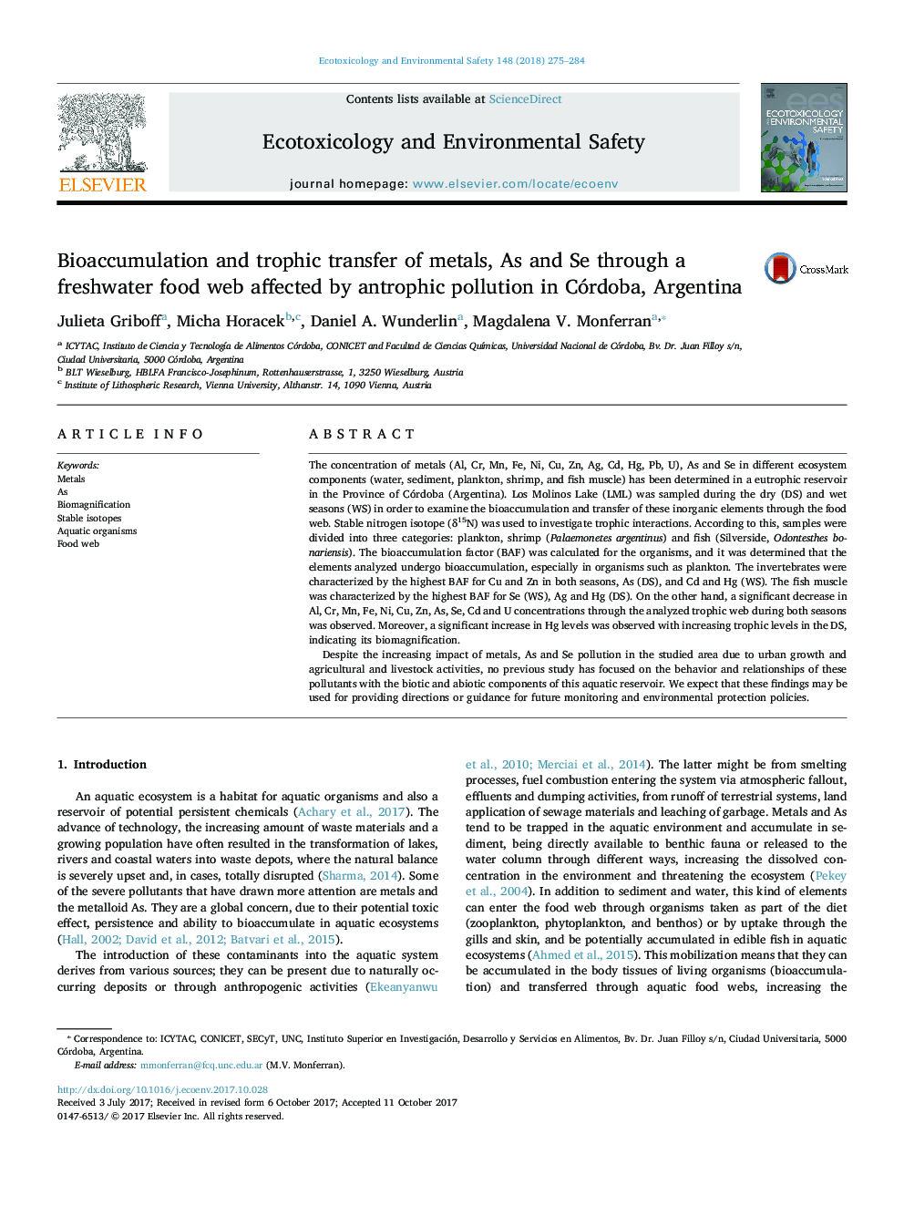 Bioaccumulation and trophic transfer of metals, As and Se through a freshwater food web affected by antrophic pollution in Córdoba, Argentina