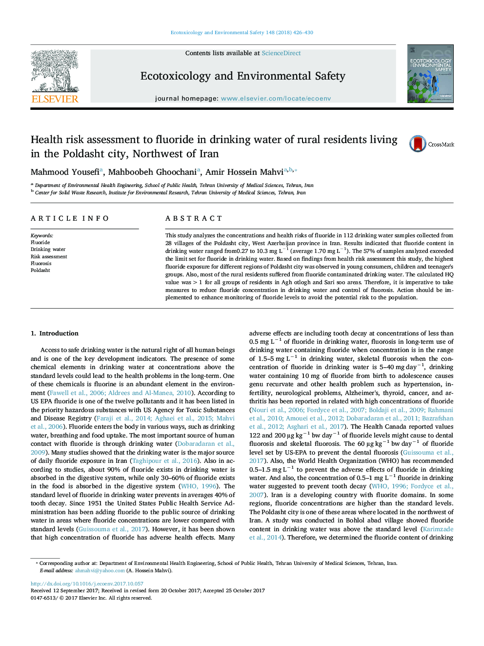 Health risk assessment to fluoride in drinking water of rural residents living in the Poldasht city, Northwest of Iran