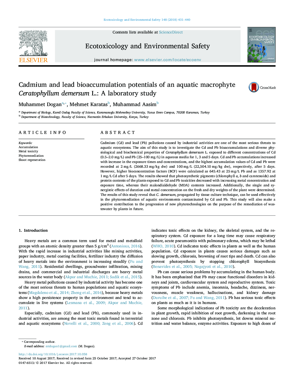 Cadmium and lead bioaccumulation potentials of an aquatic macrophyte Ceratophyllum demersum L.: A laboratory study