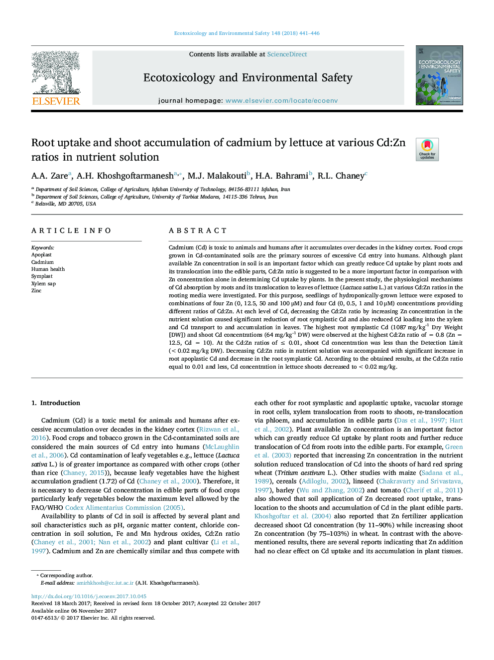 Root uptake and shoot accumulation of cadmium by lettuce at various Cd:Zn ratios in nutrient solution