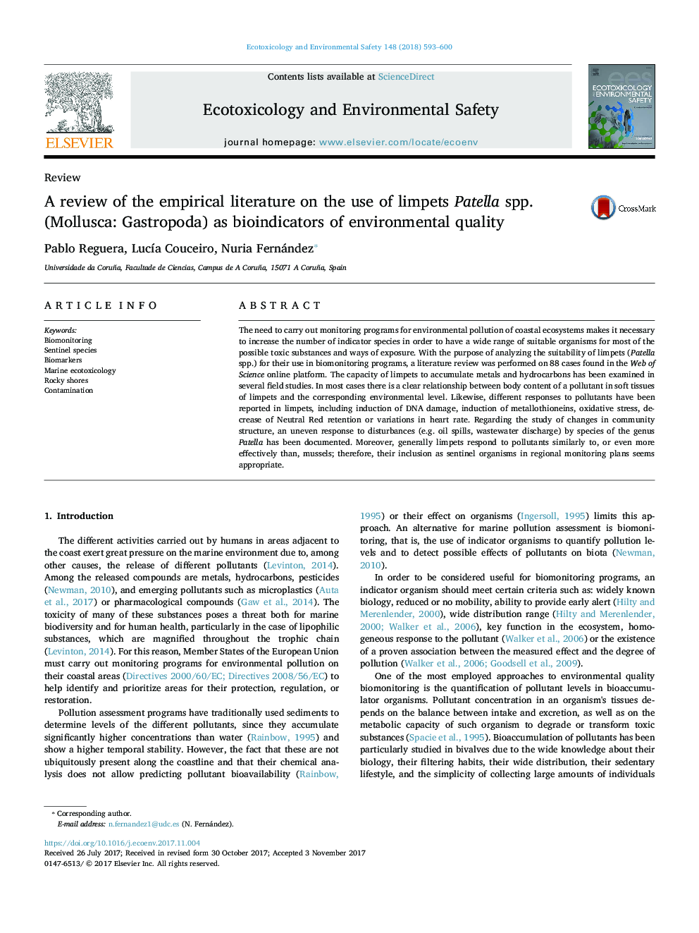 A review of the empirical literature on the use of limpets Patella spp. (Mollusca: Gastropoda) as bioindicators of environmental quality