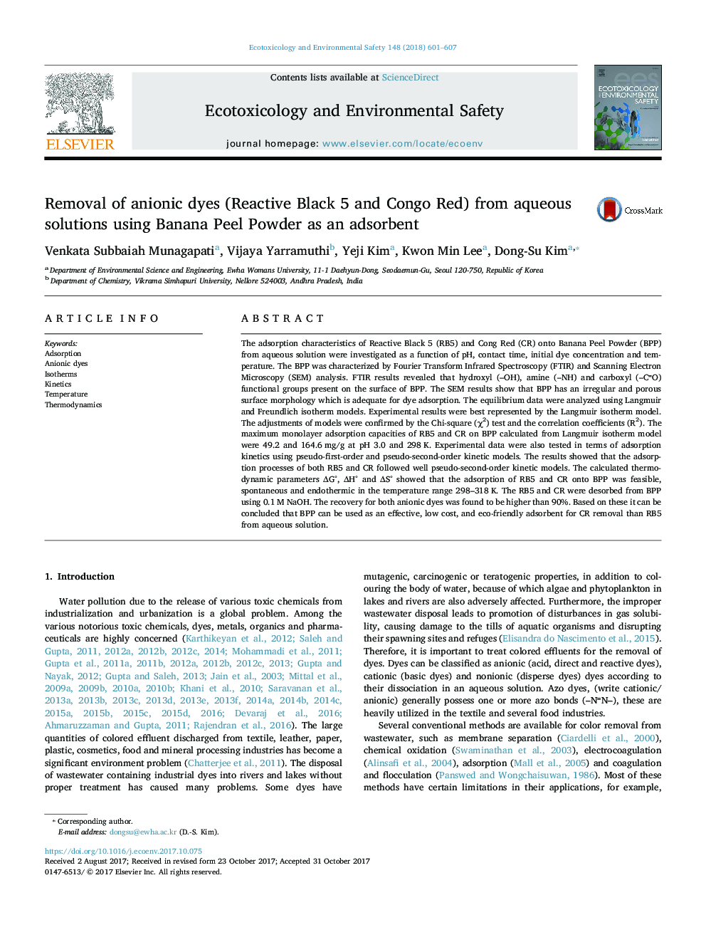 Removal of anionic dyes (Reactive Black 5 and Congo Red) from aqueous solutions using Banana Peel Powder as an adsorbent