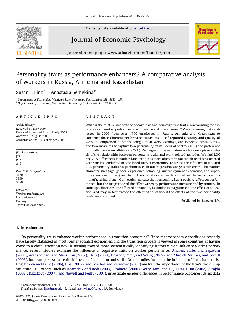 Personality traits as performance enhancers? A comparative analysis of workers in Russia, Armenia and Kazakhstan