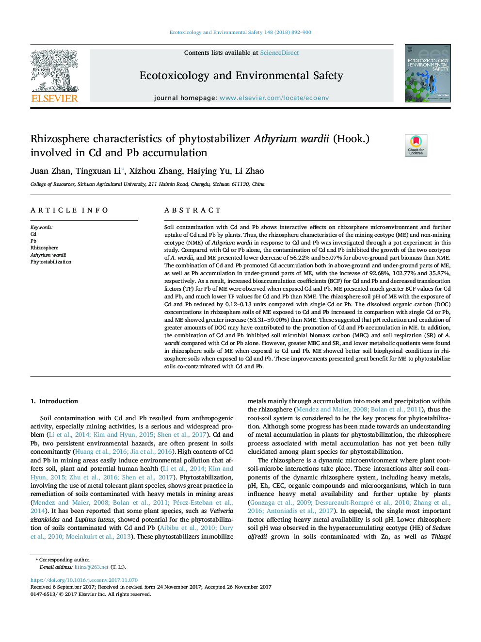 Rhizosphere characteristics of phytostabilizer Athyrium wardii (Hook.) involved in Cd and Pb accumulation