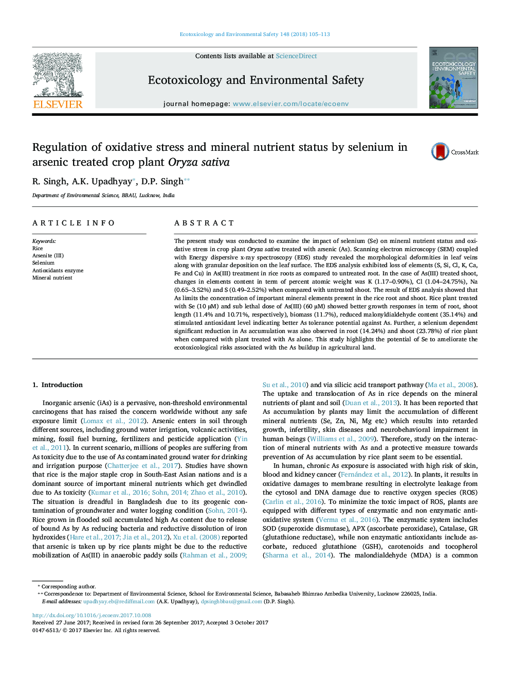 Regulation of oxidative stress and mineral nutrient status by selenium in arsenic treated crop plant Oryza sativa