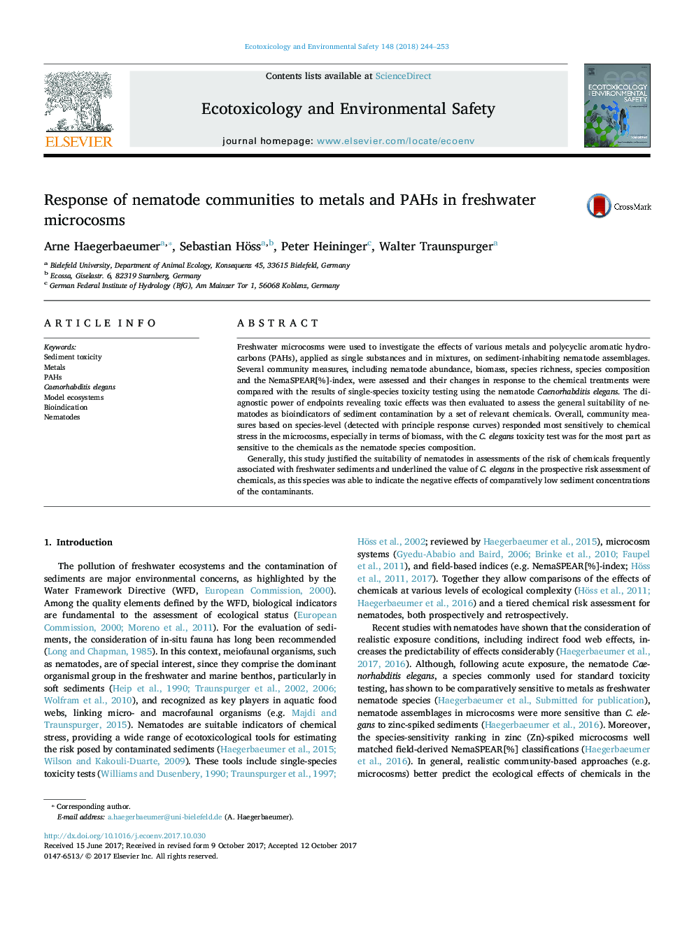 Response of nematode communities to metals and PAHs in freshwater microcosms