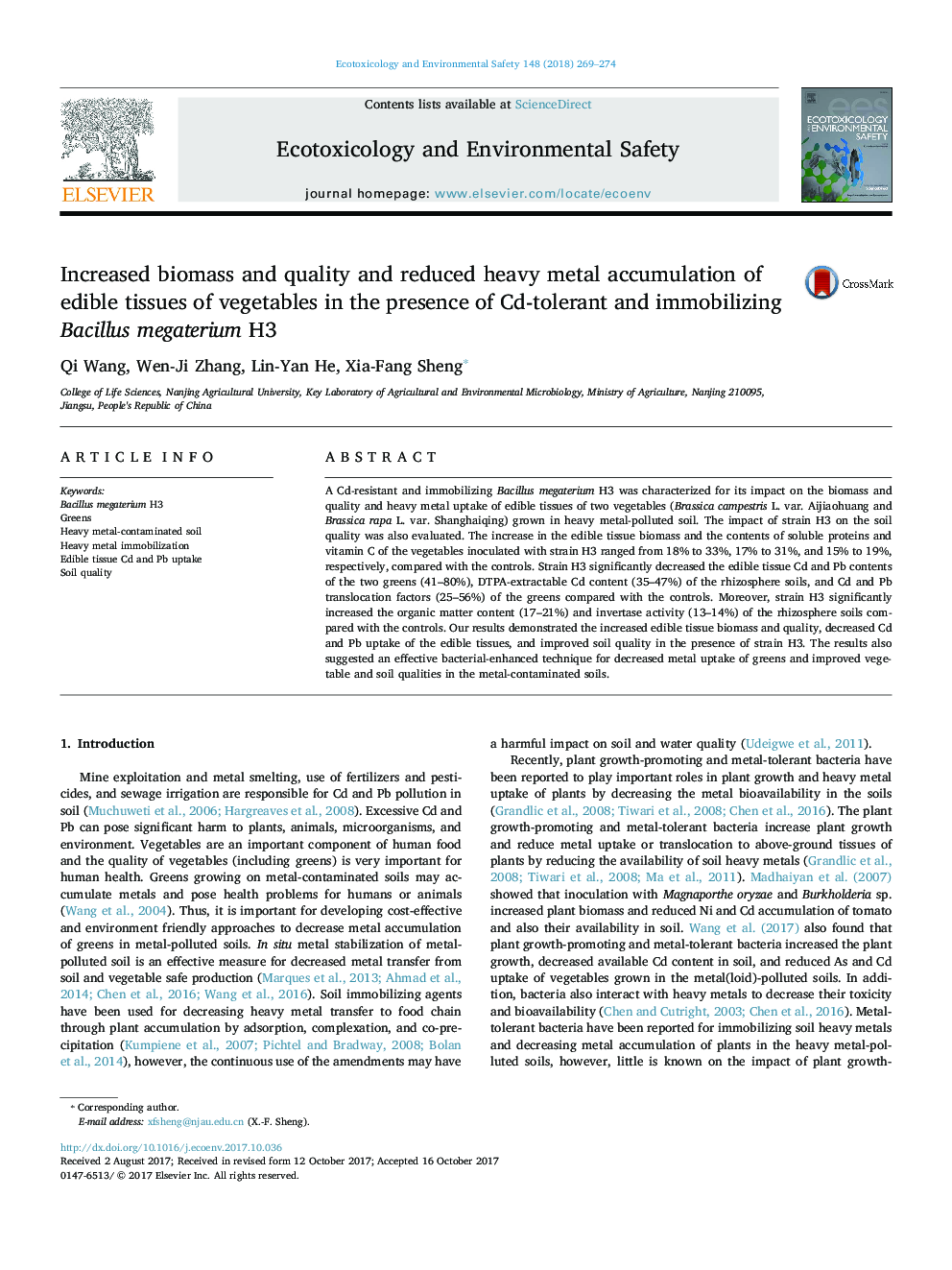 Increased biomass and quality and reduced heavy metal accumulation of edible tissues of vegetables in the presence of Cd-tolerant and immobilizing Bacillus megaterium H3