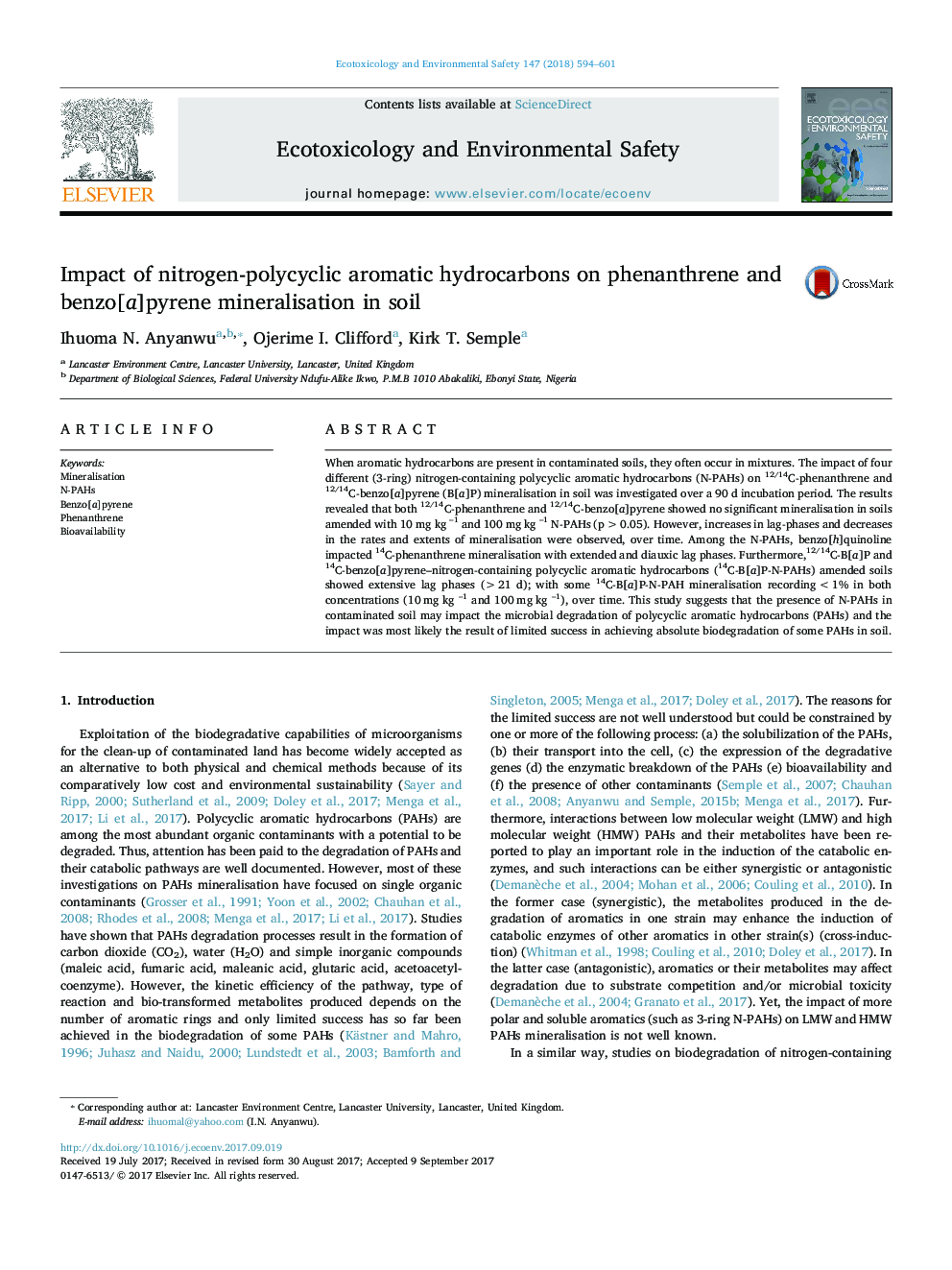 Impact of nitrogen-polycyclic aromatic hydrocarbons on phenanthrene and benzo[a]pyrene mineralisation in soil