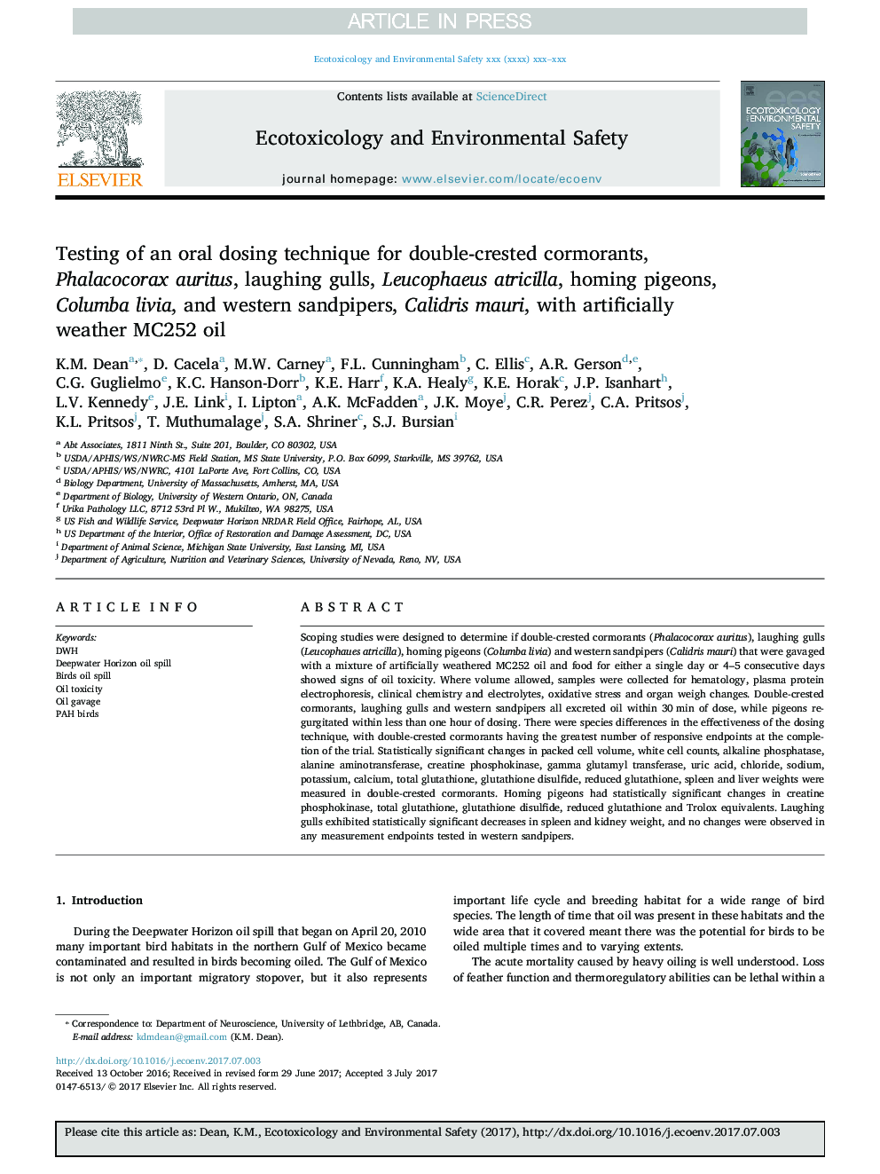 Testing of an oral dosing technique for double-crested cormorants, Phalacocorax auritus, laughing gulls, Leucophaeus atricilla, homing pigeons, Columba livia, and western sandpipers, Calidris mauri, with artificially weather MC252 oil