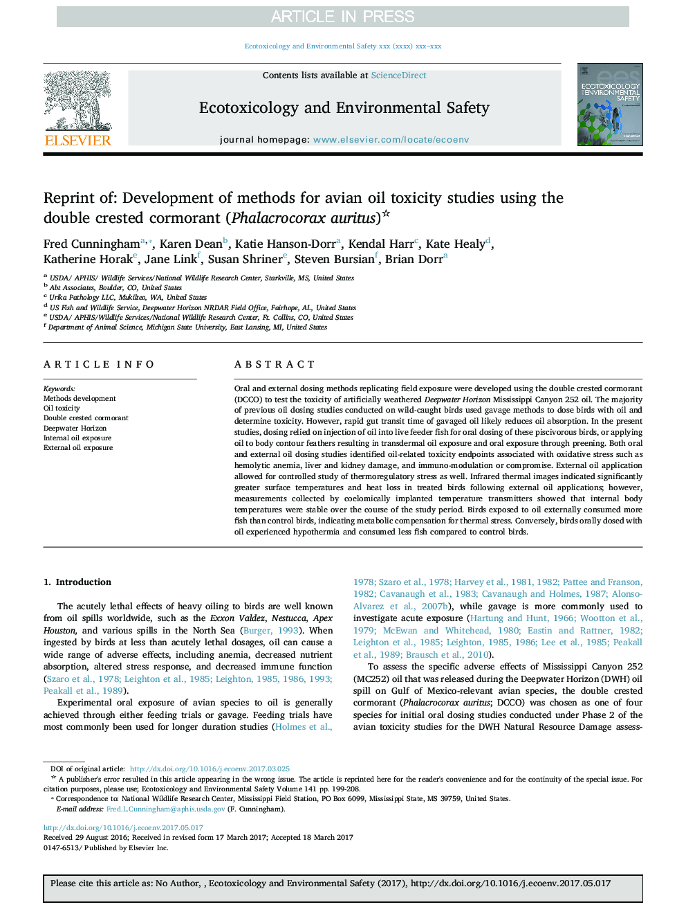 Reprint of: Development of methods for avian oil toxicity studies using the double crested cormorant (Phalacrocorax auritus)