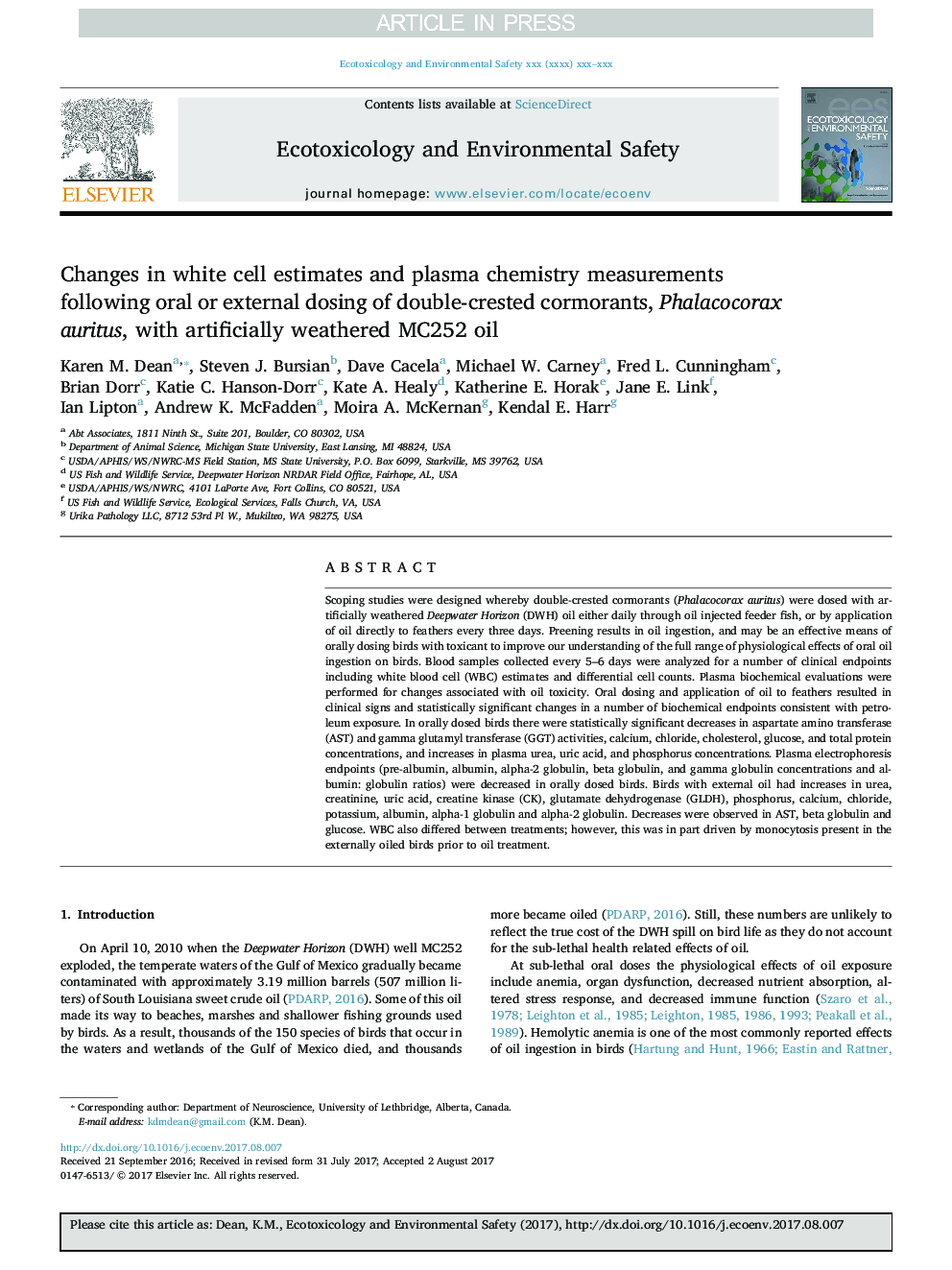 Changes in white cell estimates and plasma chemistry measurements following oral or external dosing of double-crested cormorants, Phalacocorax auritus, with artificially weathered MC252 oil