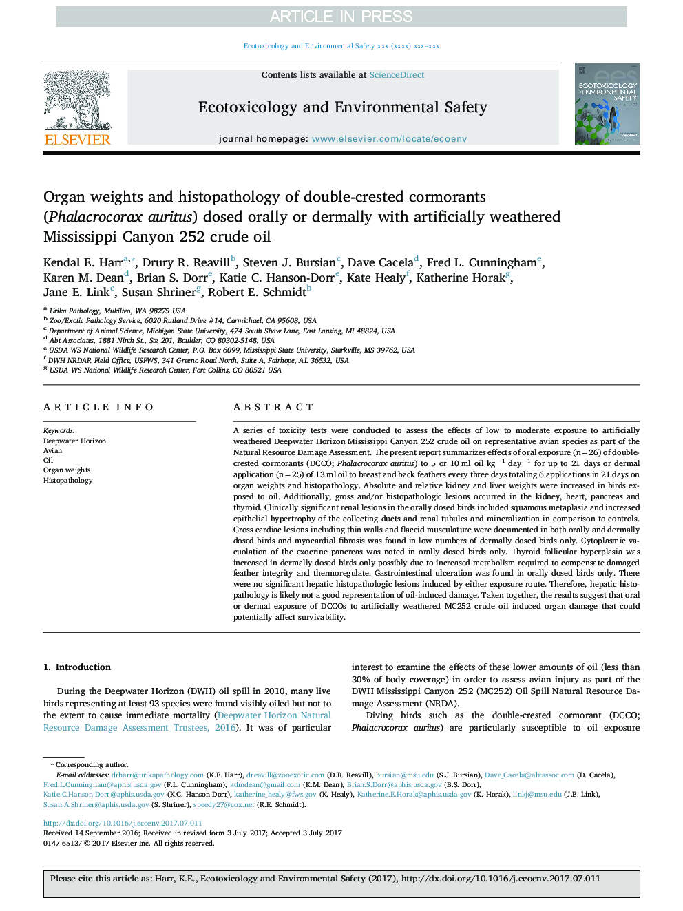 Organ weights and histopathology of double-crested cormorants (Phalacrocorax auritus) dosed orally or dermally with artificially weathered Mississippi Canyon 252 crude oil