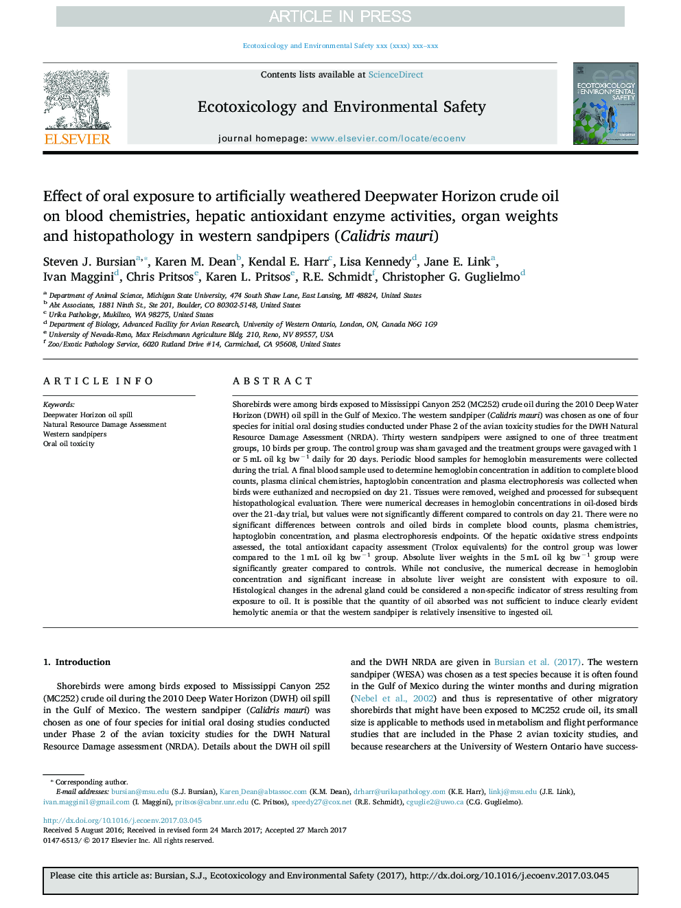 Effect of oral exposure to artificially weathered Deepwater Horizon crude oil on blood chemistries, hepatic antioxidant enzyme activities, organ weights and histopathology in western sandpipers (Calidris mauri)