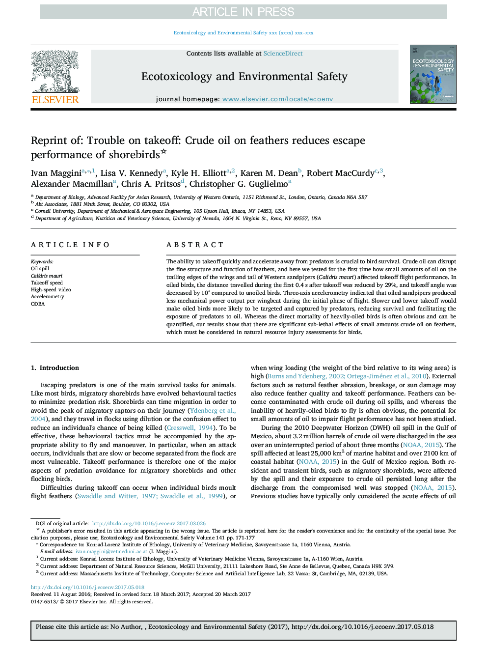 Reprint of: Trouble on takeoff: Crude oil on feathers reduces escape performance of shorebirds