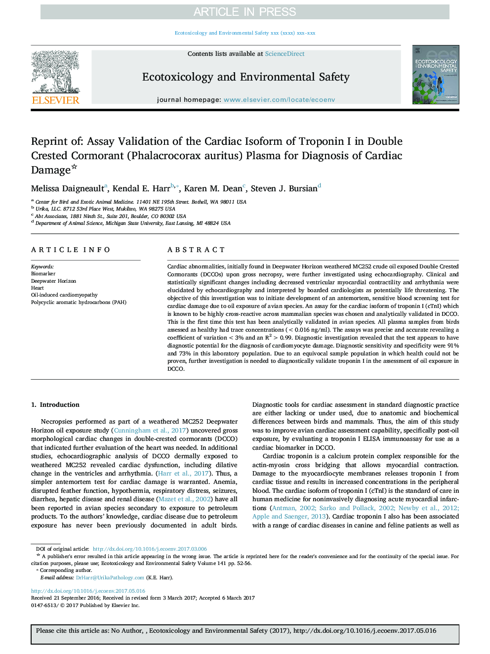 Reprint of: Assay Validation of the Cardiac Isoform of Troponin I in Double Crested Cormorant (Phalacrocorax auritus) Plasma for Diagnosis of Cardiac Damage