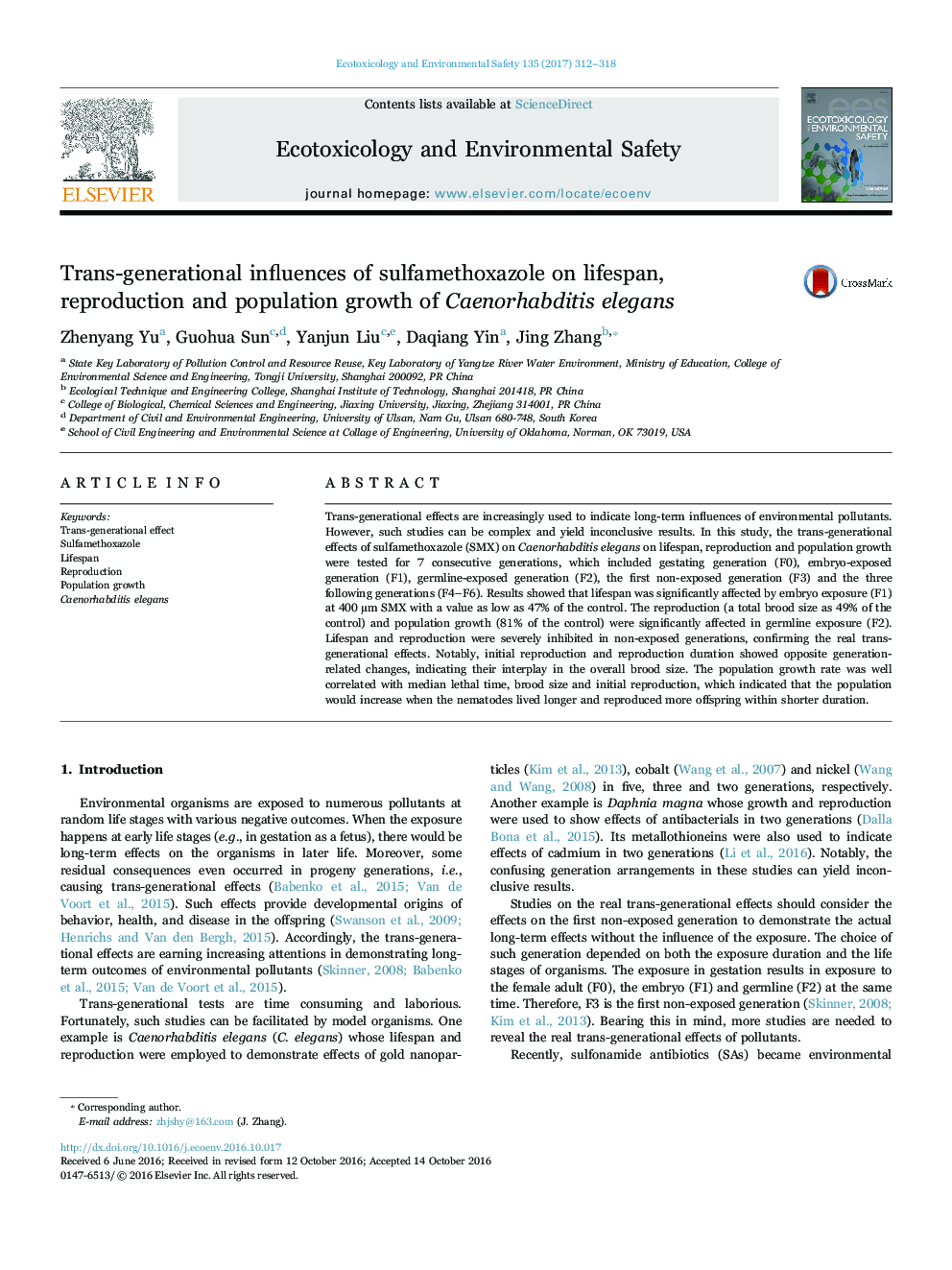 Trans-generational influences of sulfamethoxazole on lifespan, reproduction and population growth of Caenorhabditis elegans