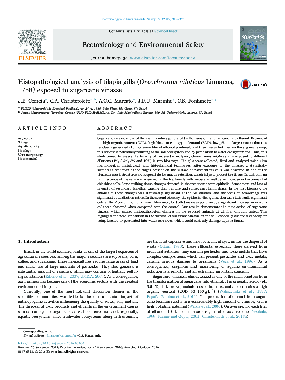 Histopathological analysis of tilapia gills (Oreochromis niloticus Linnaeus, 1758) exposed to sugarcane vinasse