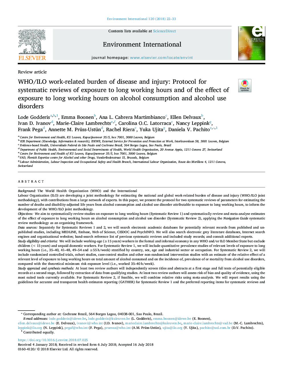 WHO/ILO work-related burden of disease and injury: Protocol for systematic reviews of exposure to long working hours and of the effect of exposure to long working hours on alcohol consumption and alcohol use disorders