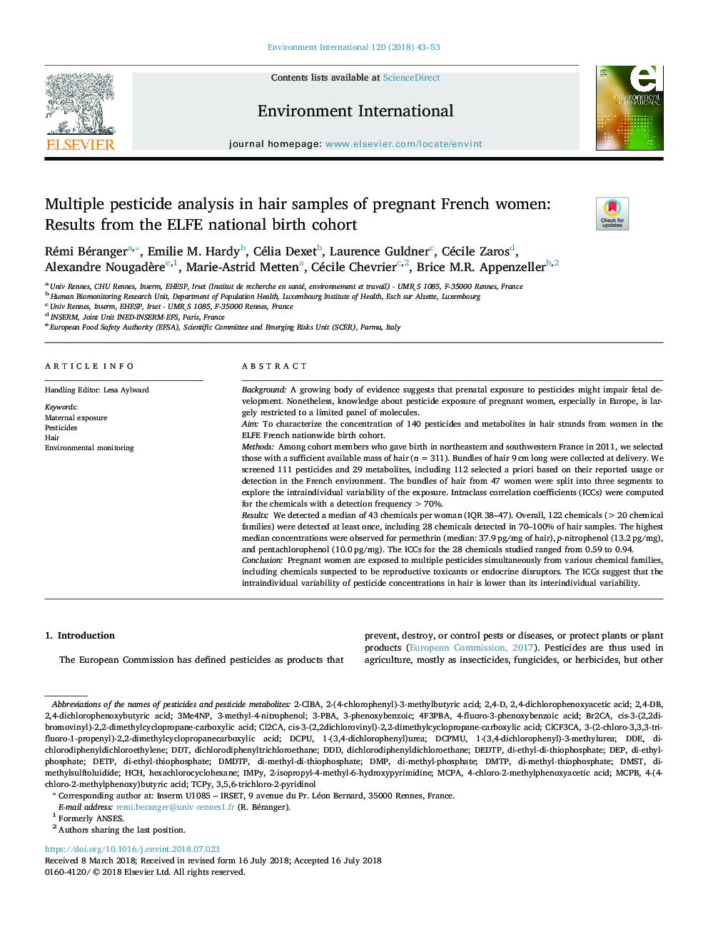 Multiple pesticide analysis in hair samples of pregnant French women: Results from the ELFE national birth cohort