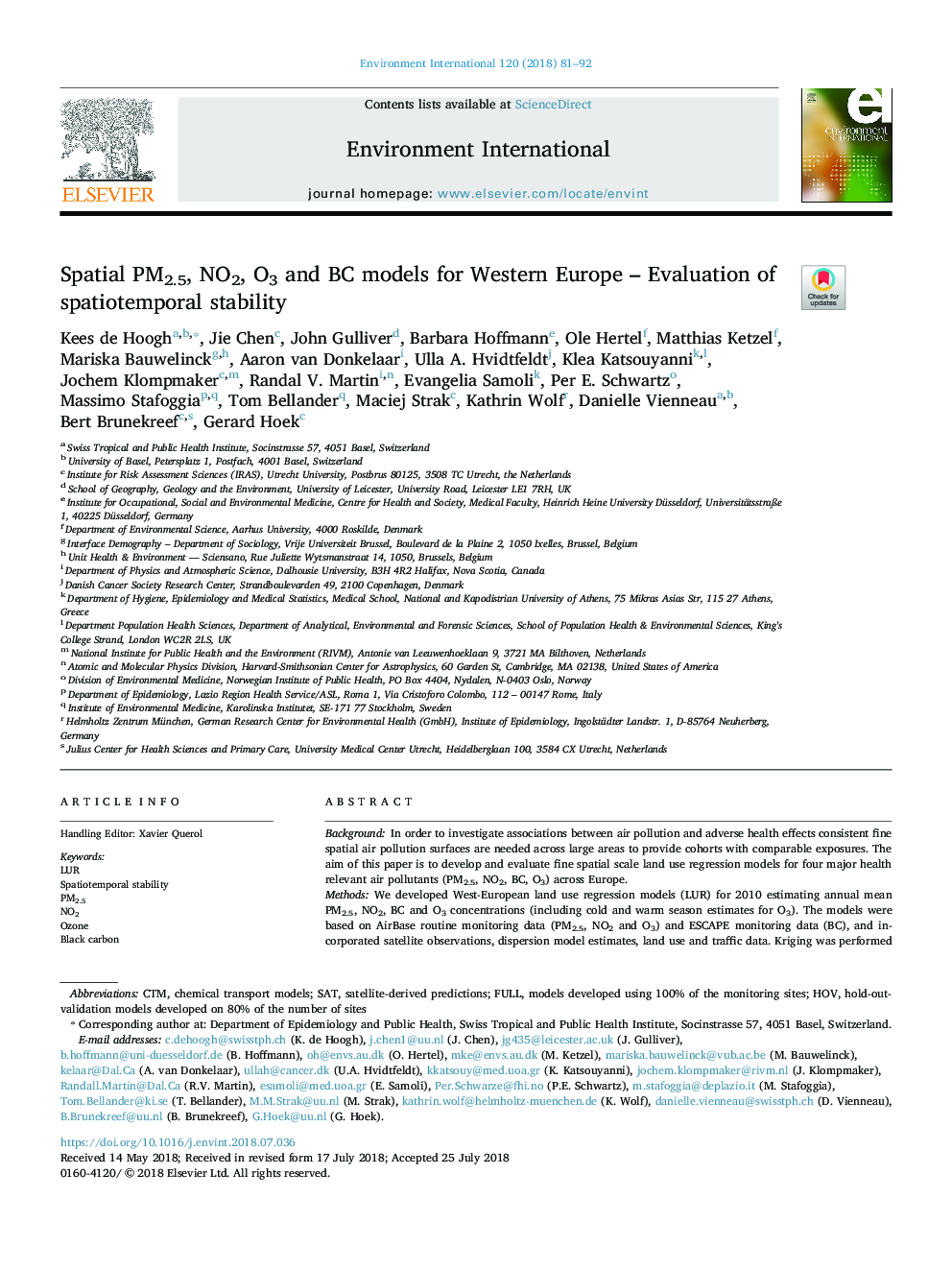 Spatial PM2.5, NO2, O3 and BC models for Western Europe - Evaluation of spatiotemporal stability