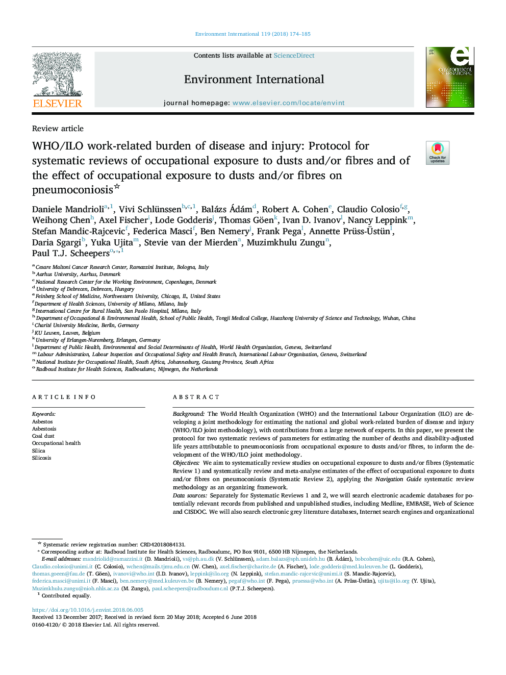 WHO/ILO work-related burden of disease and injury: Protocol for systematic reviews of occupational exposure to dusts and/or fibres and of the effect of occupational exposure to dusts and/or fibres on pneumoconiosis