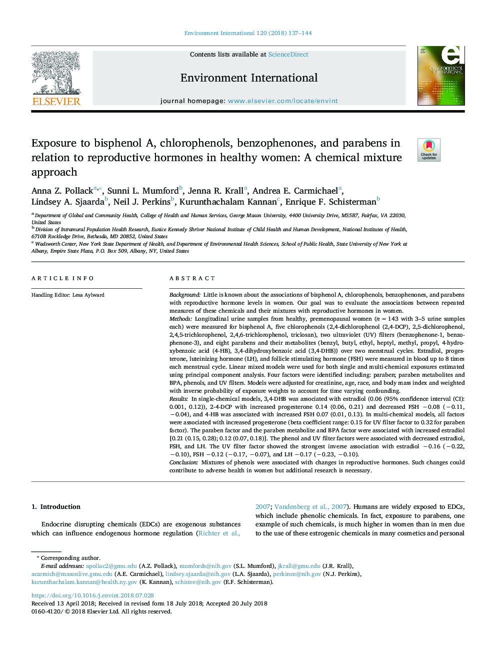 Exposure to bisphenol A, chlorophenols, benzophenones, and parabens in relation to reproductive hormones in healthy women: A chemical mixture approach