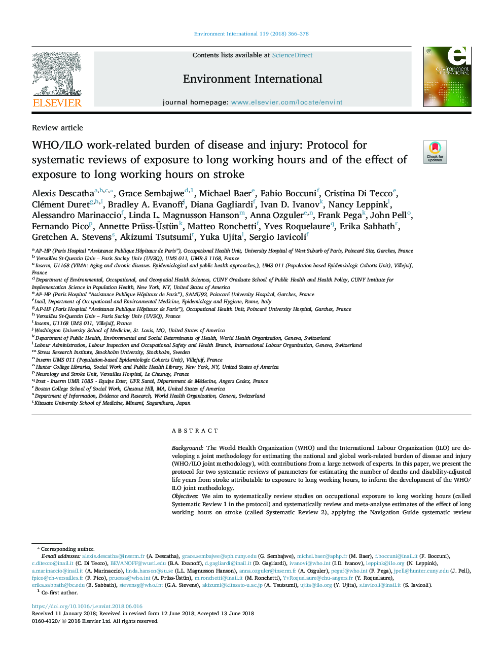 WHO/ILO work-related burden of disease and injury: Protocol for systematic reviews of exposure to long working hours and of the effect of exposure to long working hours on stroke