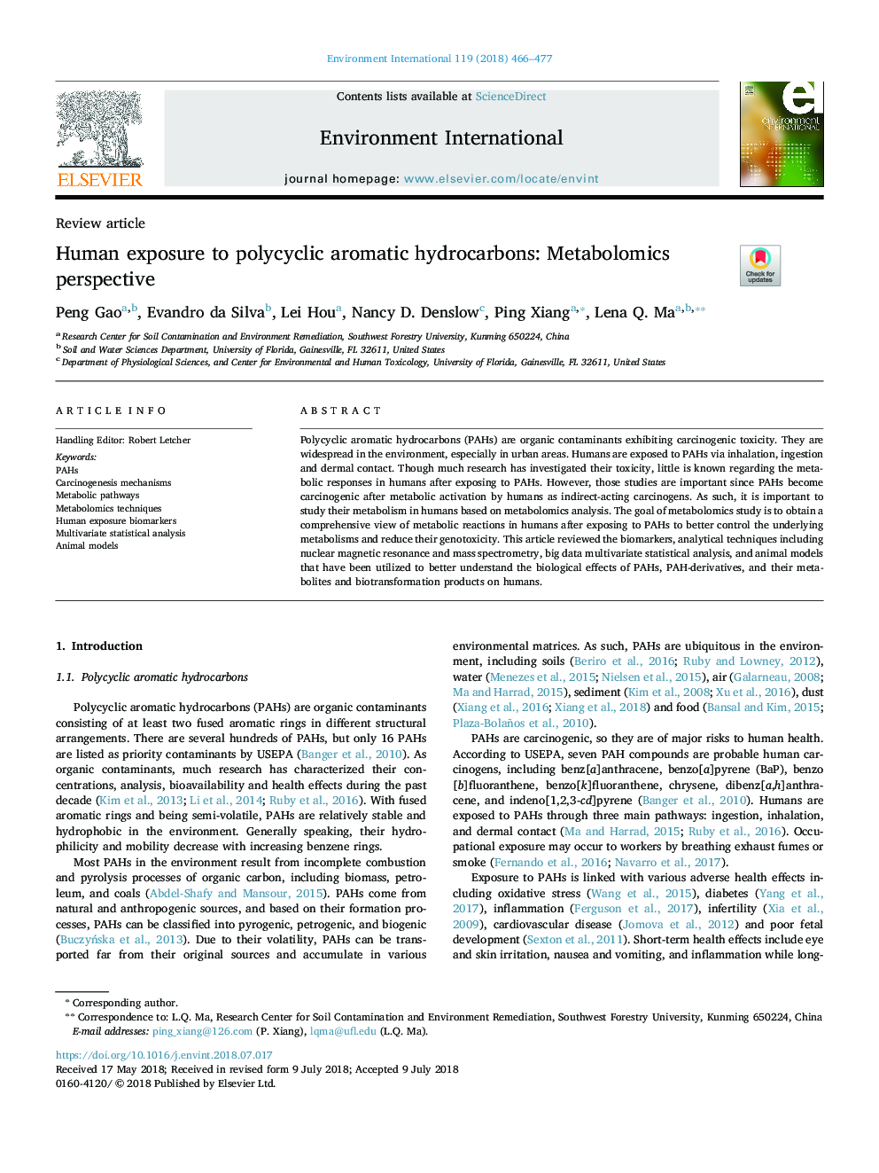 Human exposure to polycyclic aromatic hydrocarbons: Metabolomics perspective