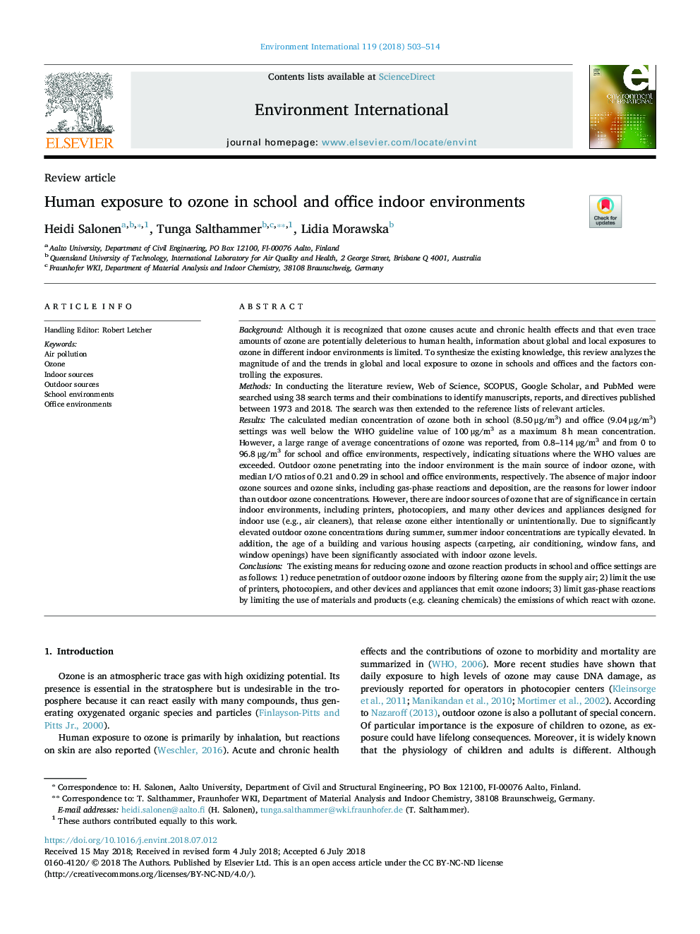 Human exposure to ozone in school and office indoor environments