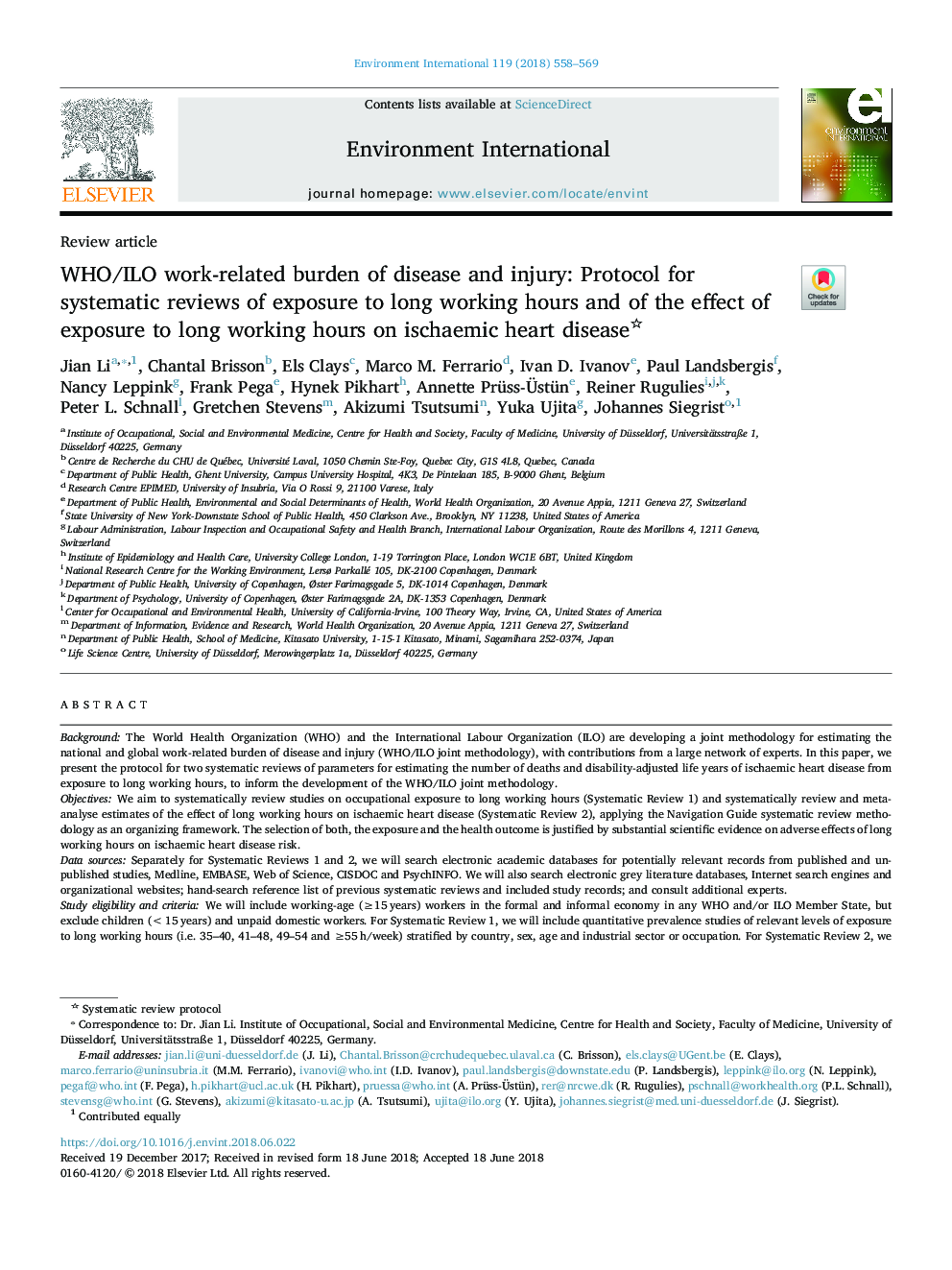 WHO/ILO work-related burden of disease and injury: Protocol for systematic reviews of exposure to long working hours and of the effect of exposure to long working hours on ischaemic heart disease
