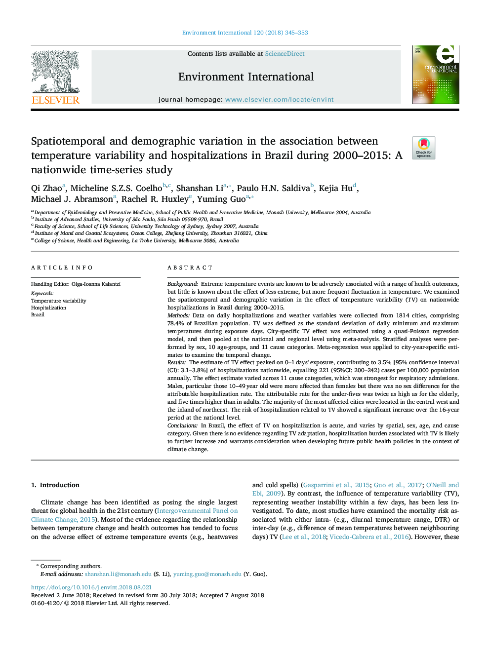 Spatiotemporal and demographic variation in the association between temperature variability and hospitalizations in Brazil during 2000-2015: A nationwide time-series study