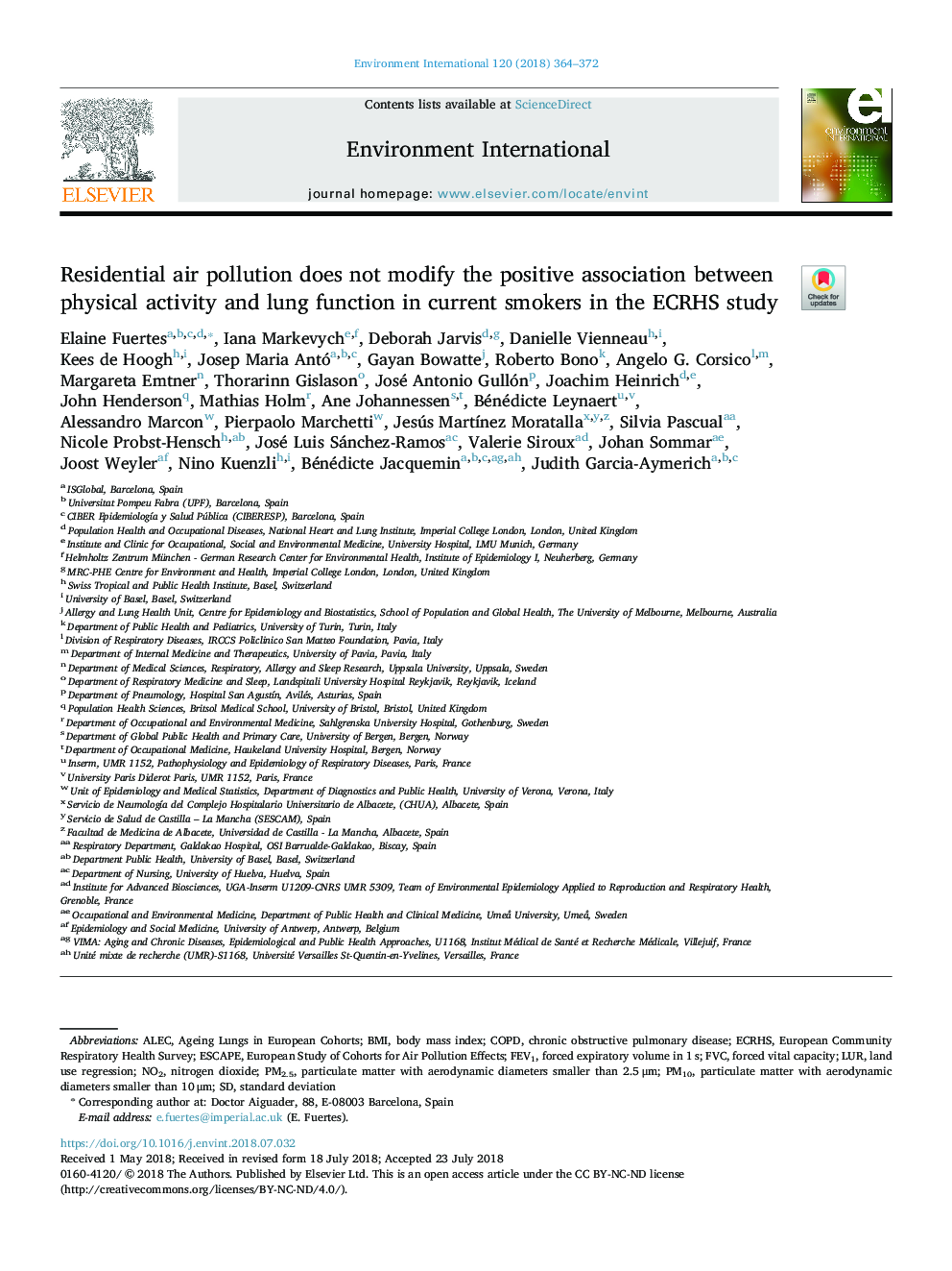 Residential air pollution does not modify the positive association between physical activity and lung function in current smokers in the ECRHS study