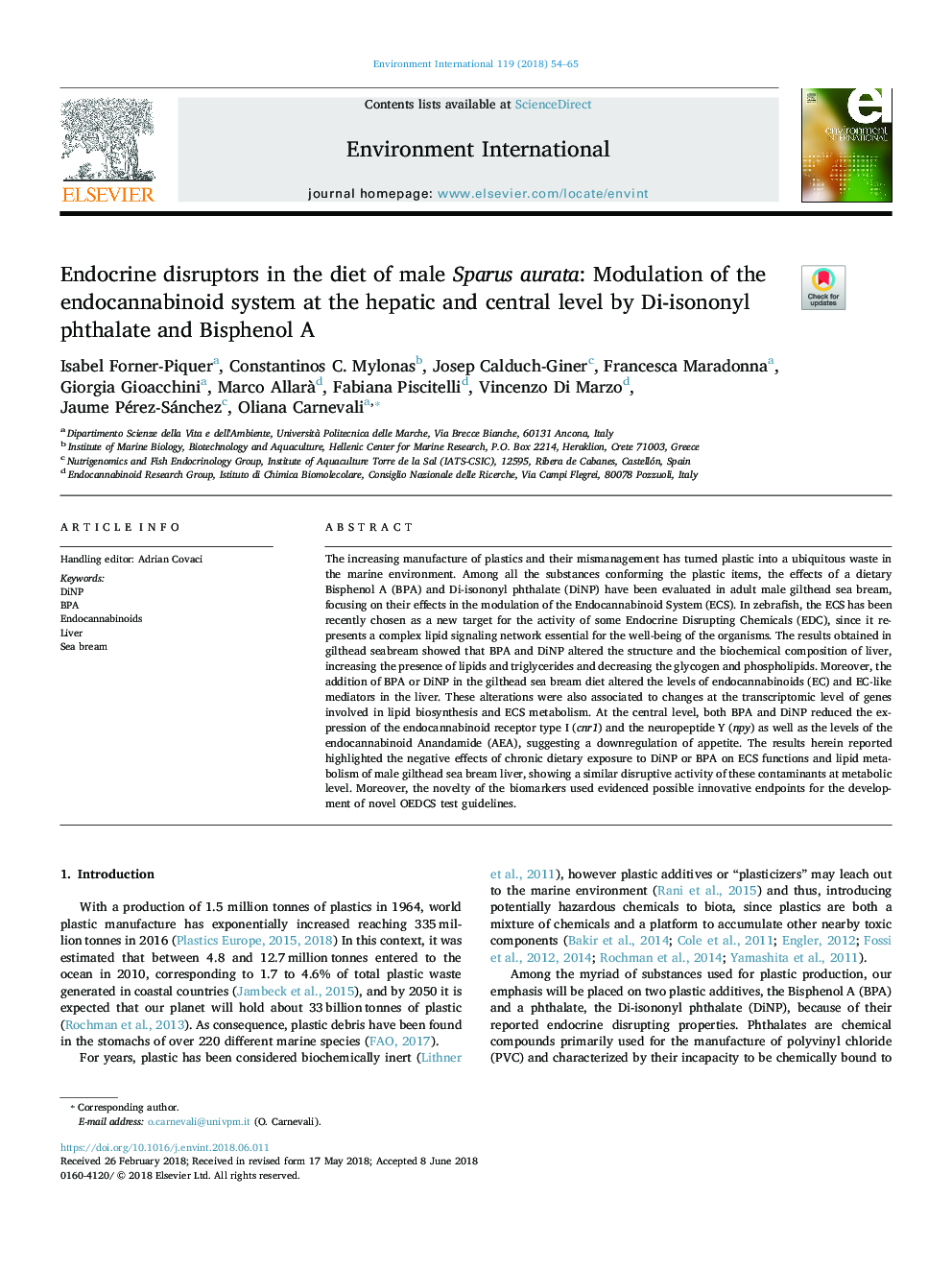 Endocrine disruptors in the diet of male Sparus aurata: Modulation of the endocannabinoid system at the hepatic and central level by Di-isononyl phthalate and Bisphenol A