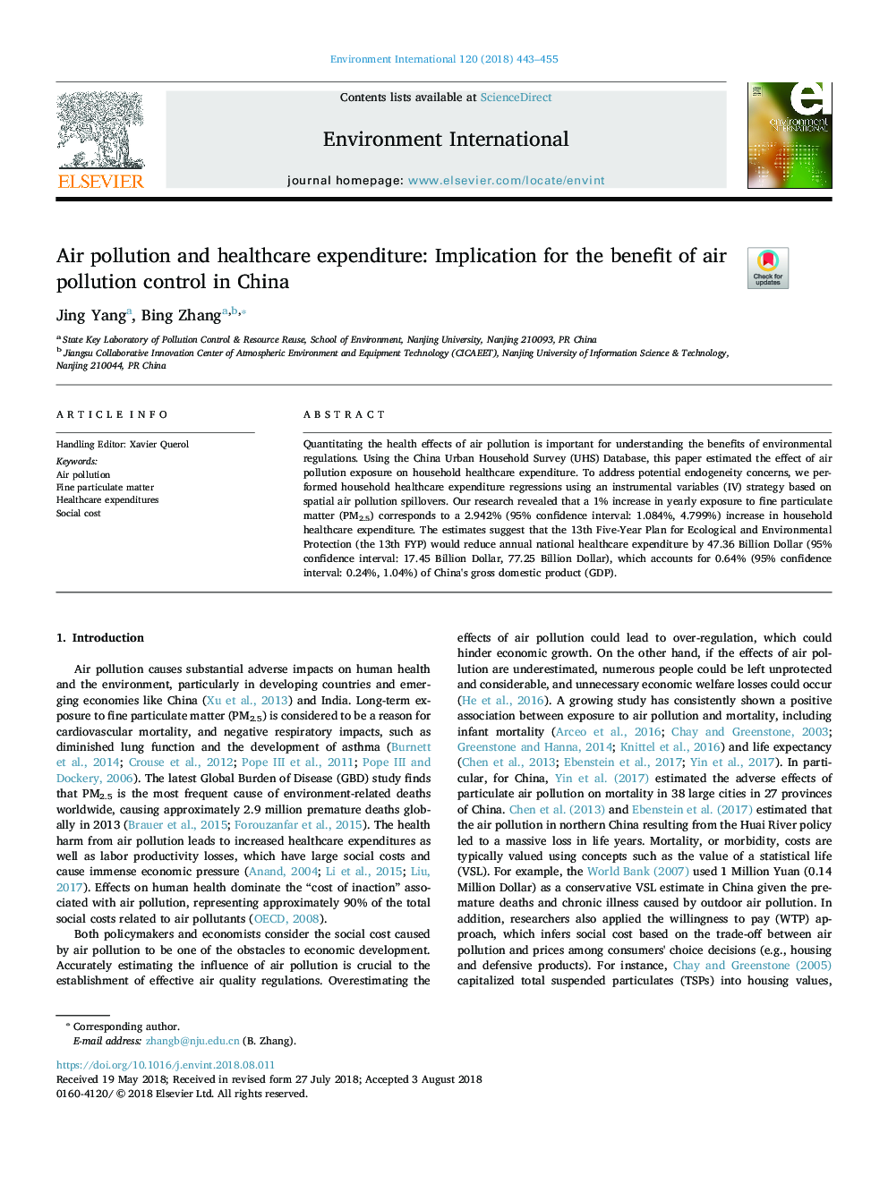 Air pollution and healthcare expenditure: Implication for the benefit of air pollution control in China