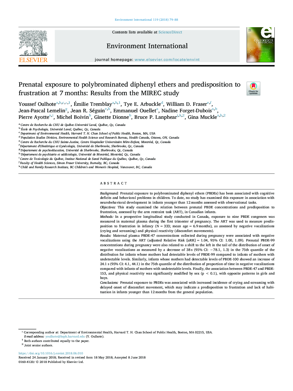 Prenatal exposure to polybrominated diphenyl ethers and predisposition to frustration at 7â¯months: Results from the MIREC study