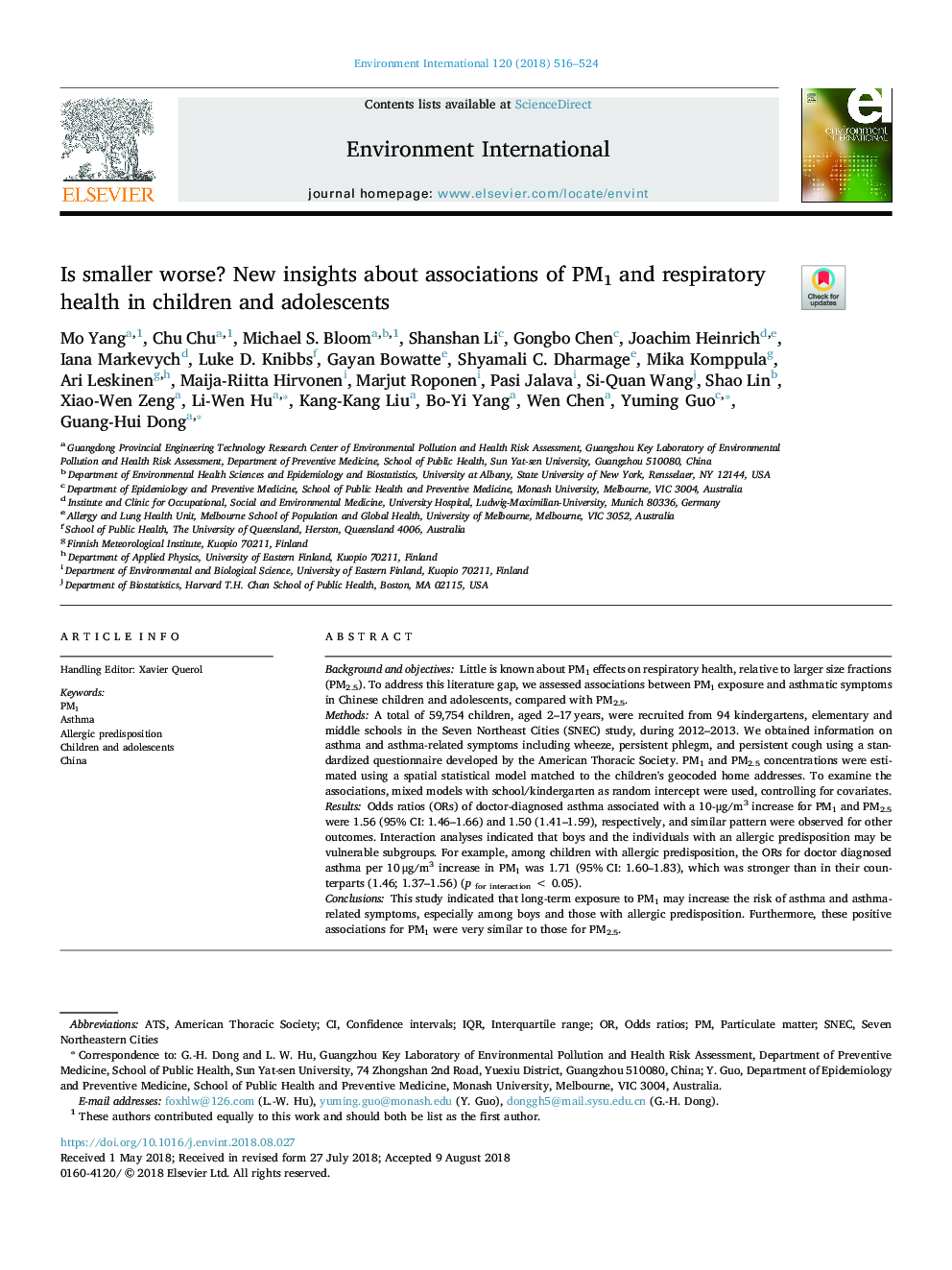 Is smaller worse? New insights about associations of PM1 and respiratory health in children and adolescents