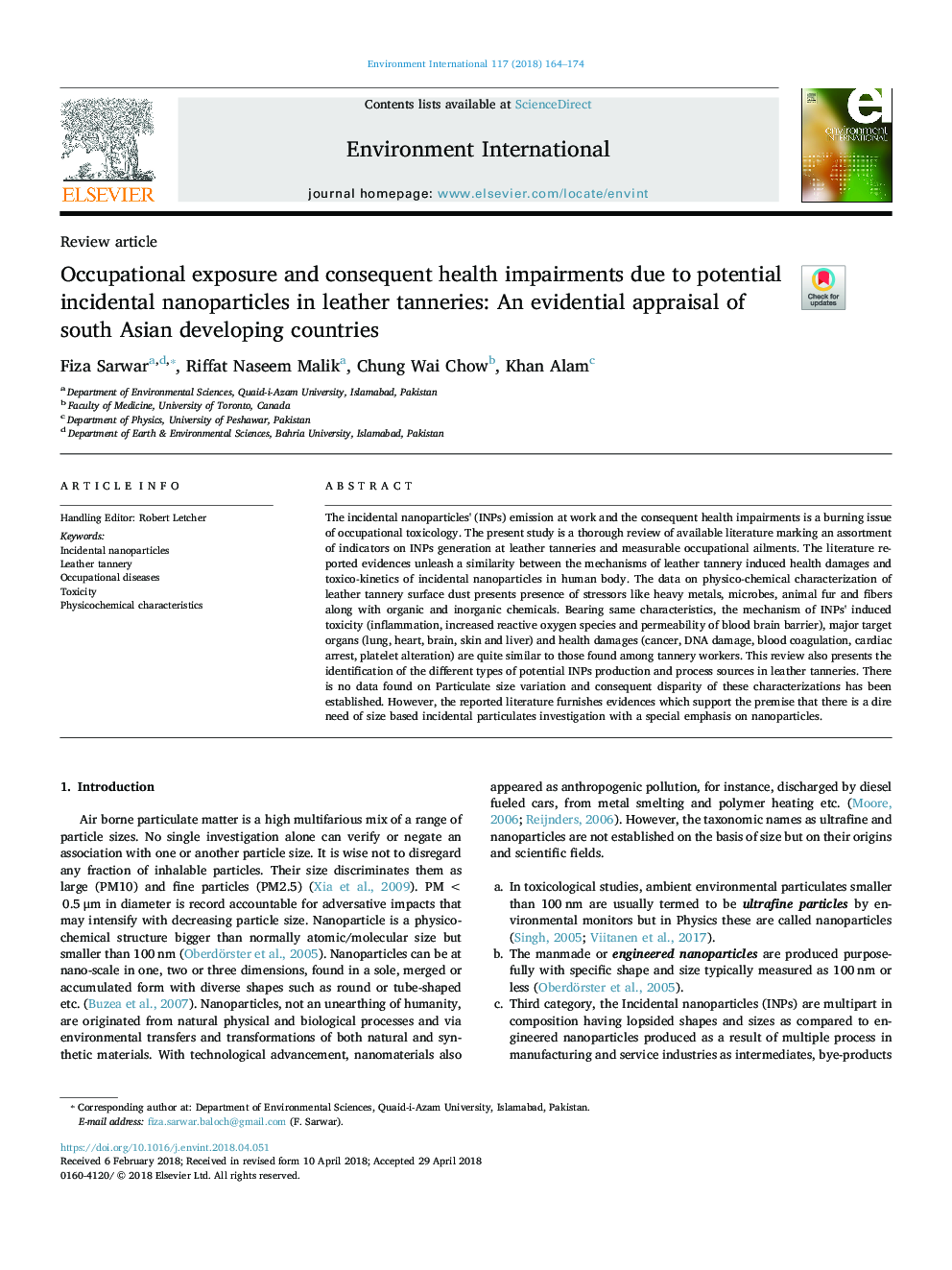 Occupational exposure and consequent health impairments due to potential incidental nanoparticles in leather tanneries: An evidential appraisal of south Asian developing countries