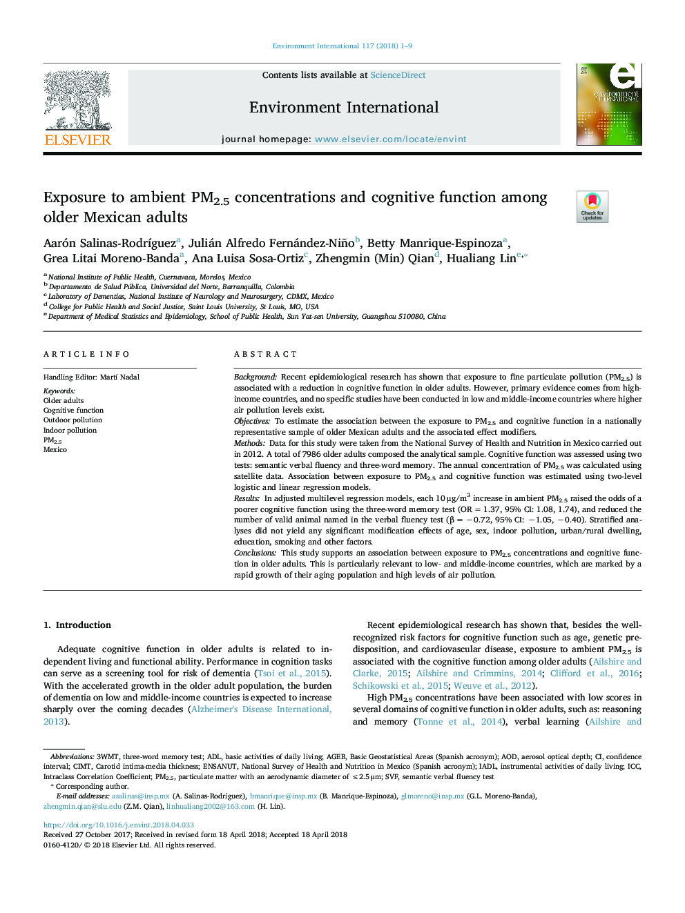 Exposure to ambient PM2.5 concentrations and cognitive function among older Mexican adults