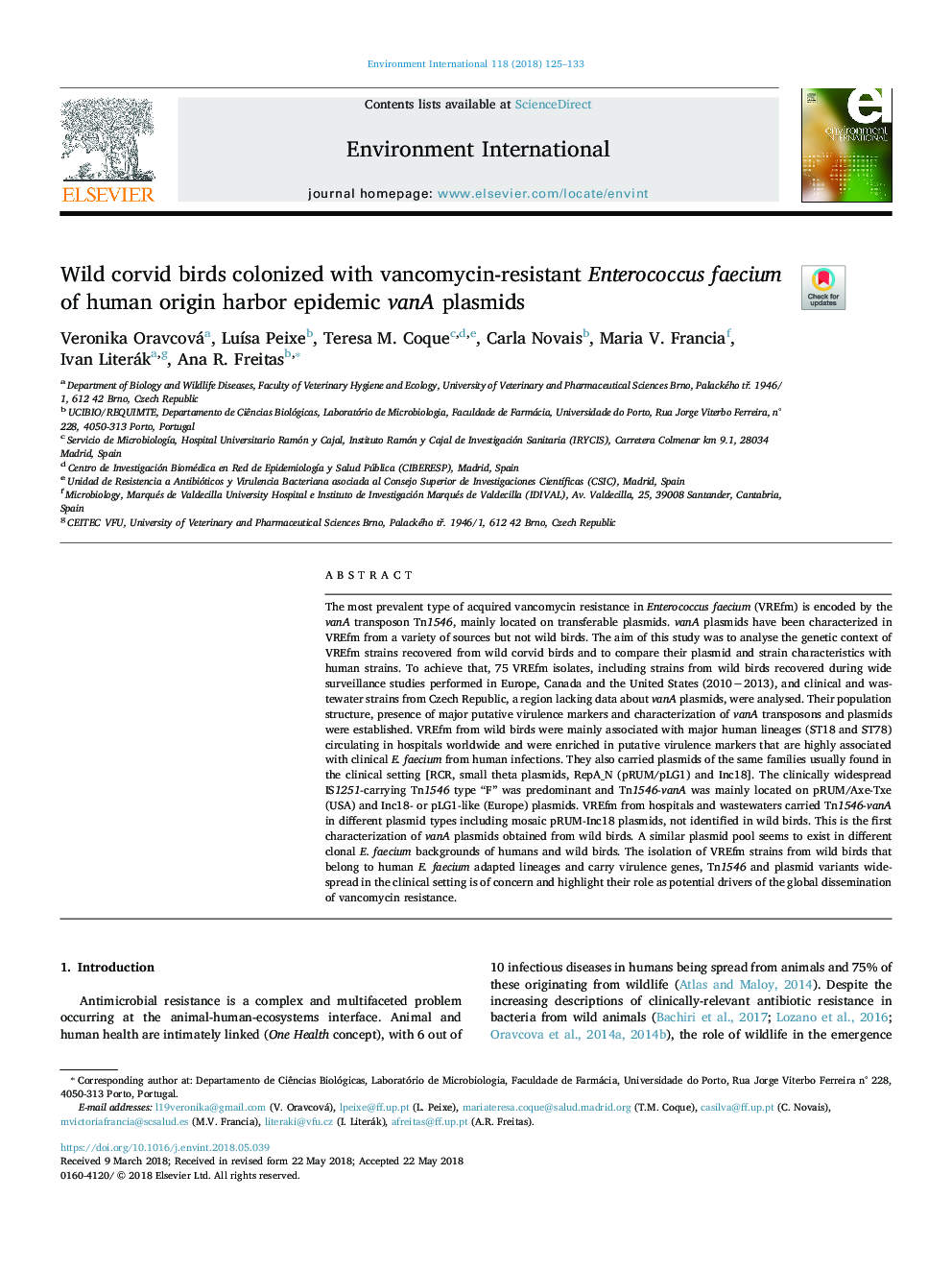 Wild corvid birds colonized with vancomycin-resistant Enterococcus faecium of human origin harbor epidemic vanA plasmids