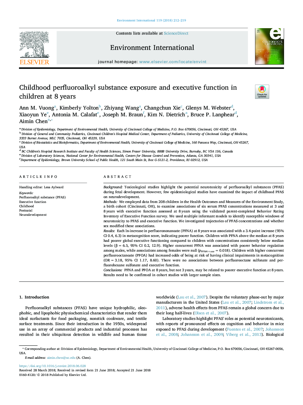 Childhood perfluoroalkyl substance exposure and executive function in children at 8â¯years