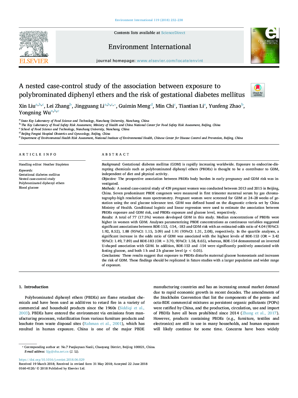 A nested case-control study of the association between exposure to polybrominated diphenyl ethers and the risk of gestational diabetes mellitus